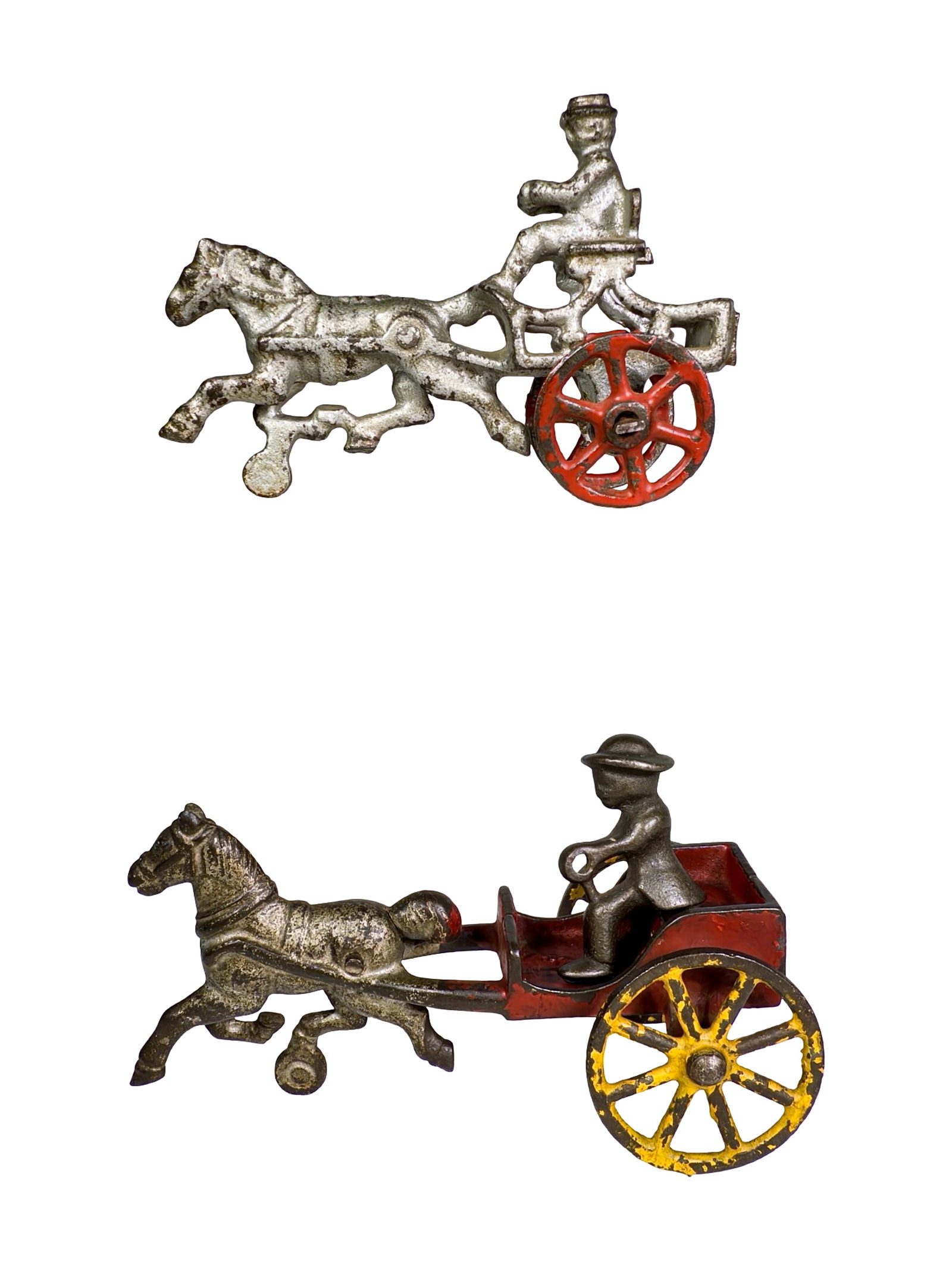 Two Miniature Cast Iron Horse Drawn Road Carts: Made by Hubley Mfg. American 1910's. 4" and 5" Long Respectively. Olshefski Collection