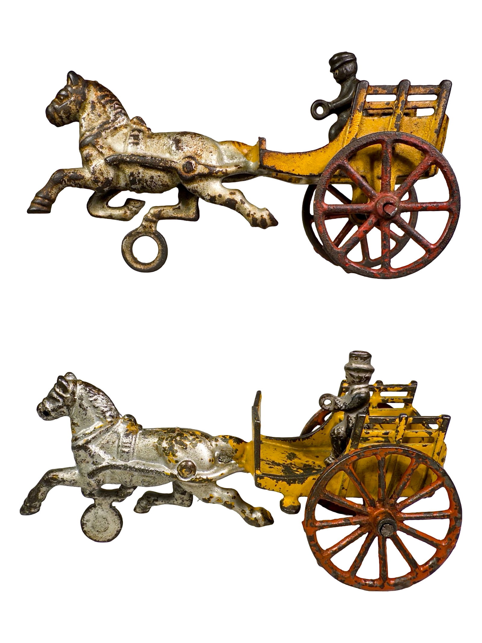 Two Small Cast Iron Horse Drawn Road Carts: One Hubley Mfg. / One Dent Hardware. American 1910's. 6" and 7" Long. Olshefski Collection