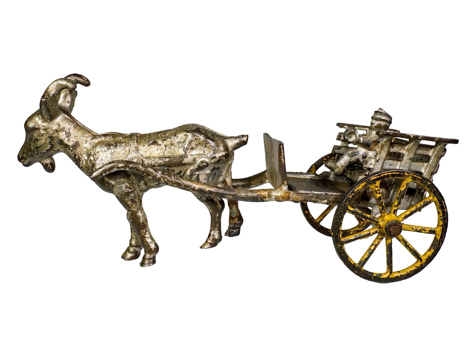 Cast Iron Road Cart Pulled by a Goat: Hubley Mfg. Company. Lancaster, PA. 1910's. 8" Long x 3 1/2" Tall x 3" Deep. Olshefski Collection.