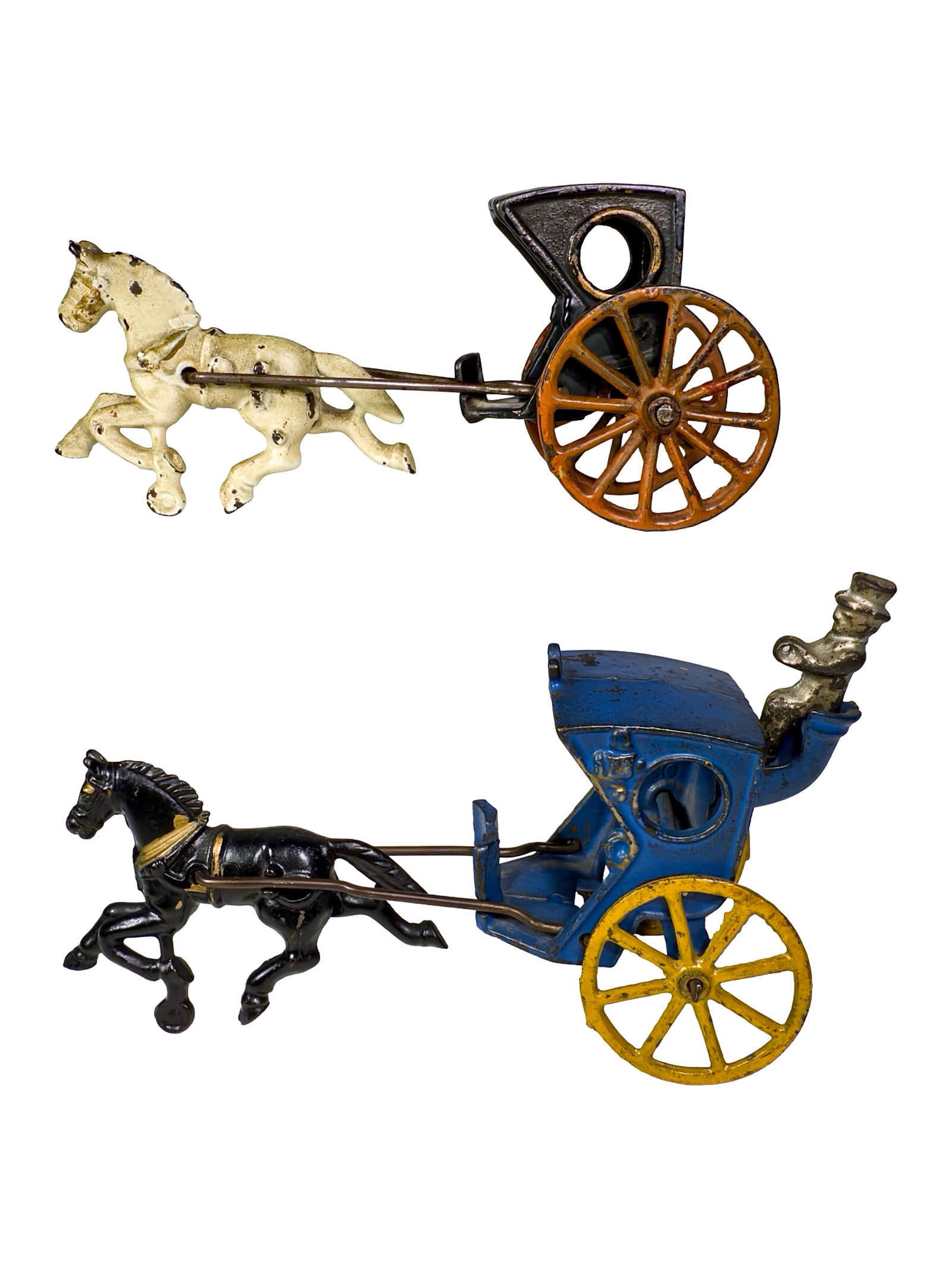 Two Cast Iron Hansom Cabs: One Dent / One Hubley. American 1910's. Each 8" Long. Olshefski Collection.