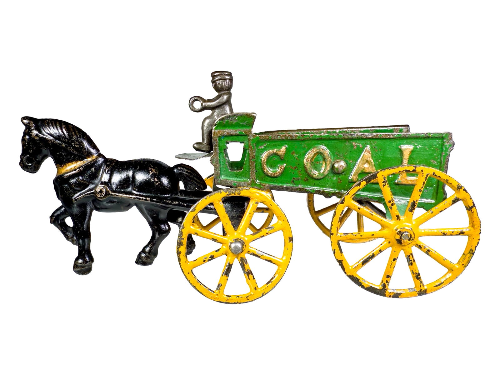 Single Horse Coal Wagon Cast Iron Toy: Hubley Mfg. Company. Lancaster, PA. 1910's. 9 1/4" Long x 4" Tall x 3" Deep. Olshefski Collection.