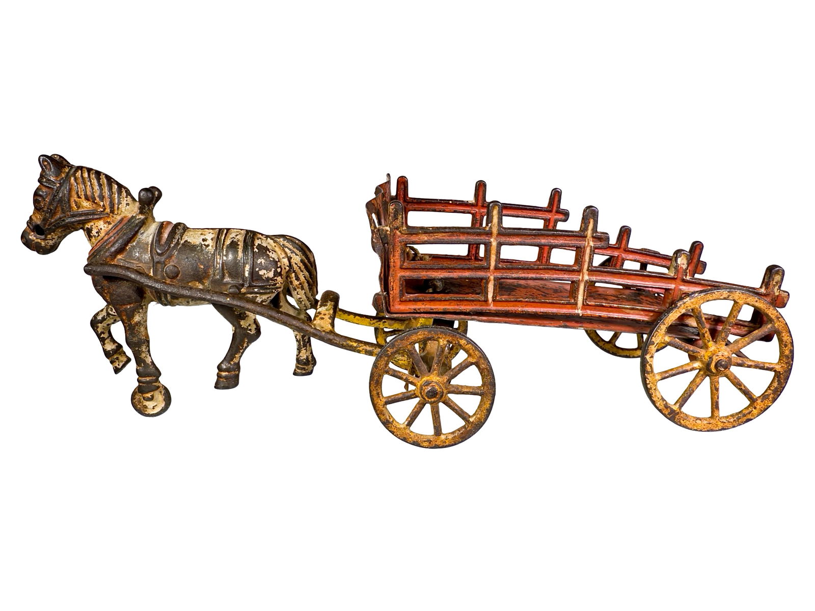 Single Horse Cast Iron Stake Bed Vehicle: Wilkins Hardware Company. Keene, NH. 1905. 11" Long x 3 1/2" Tall x 3 1/2" Deep. Olshefski Collection.