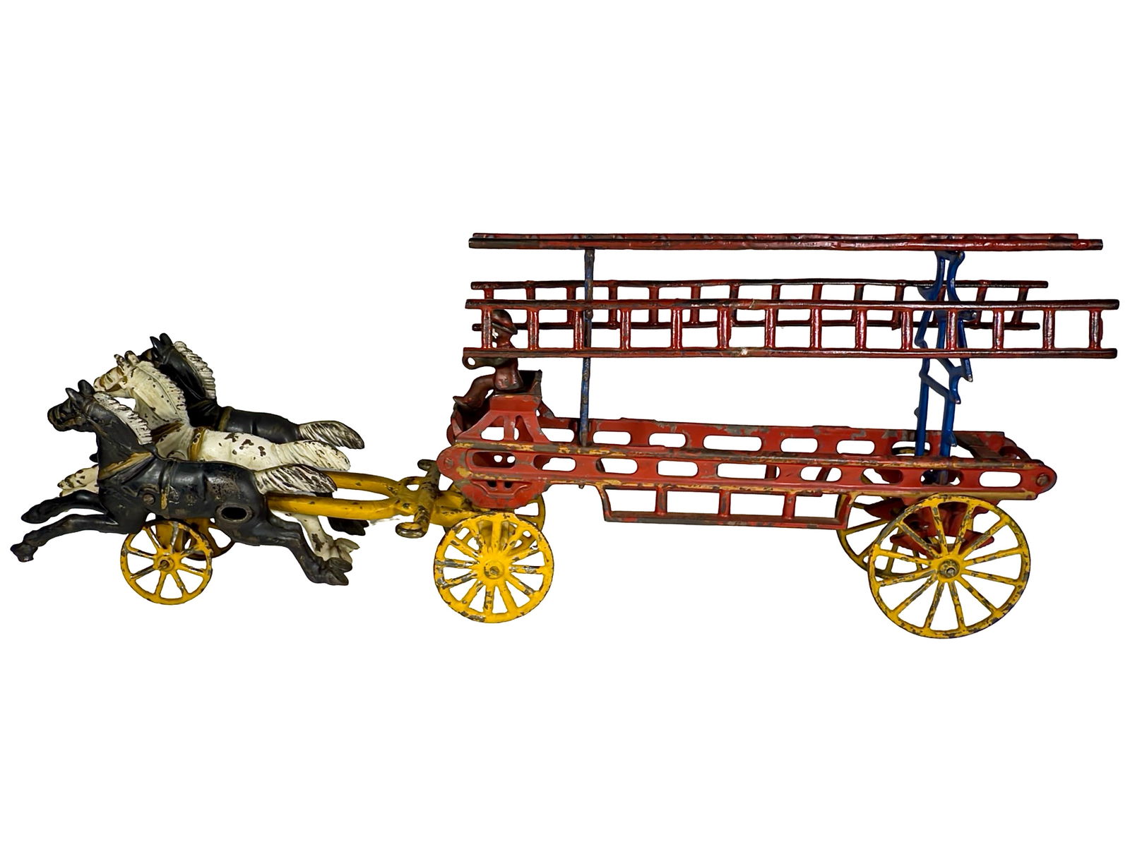 Three Horse Cast Iron Hook and Ladder Toy: Hubley Mfg. Company. Lancaster, PA. 1910's. 19" Long x 8" Tall x 4" Deep. Olshefski Collection.