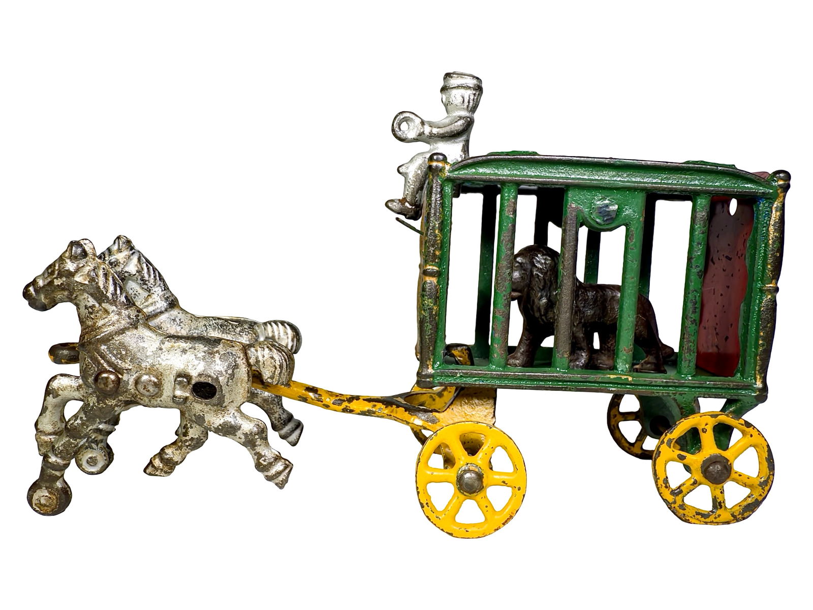 Royal Circus Cast Iron Lion Cage - Small Size: Hubley Mfg. Company. Lancaster, PA. 1910's. 7" Long x 4" Tall x 2" Deep. Olshefski Collection.