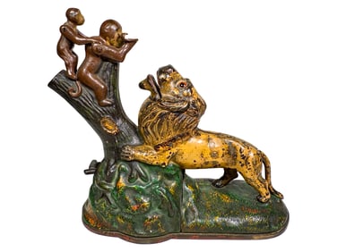 Lion and Two Monkeys Cast Iron Mechanical Bank