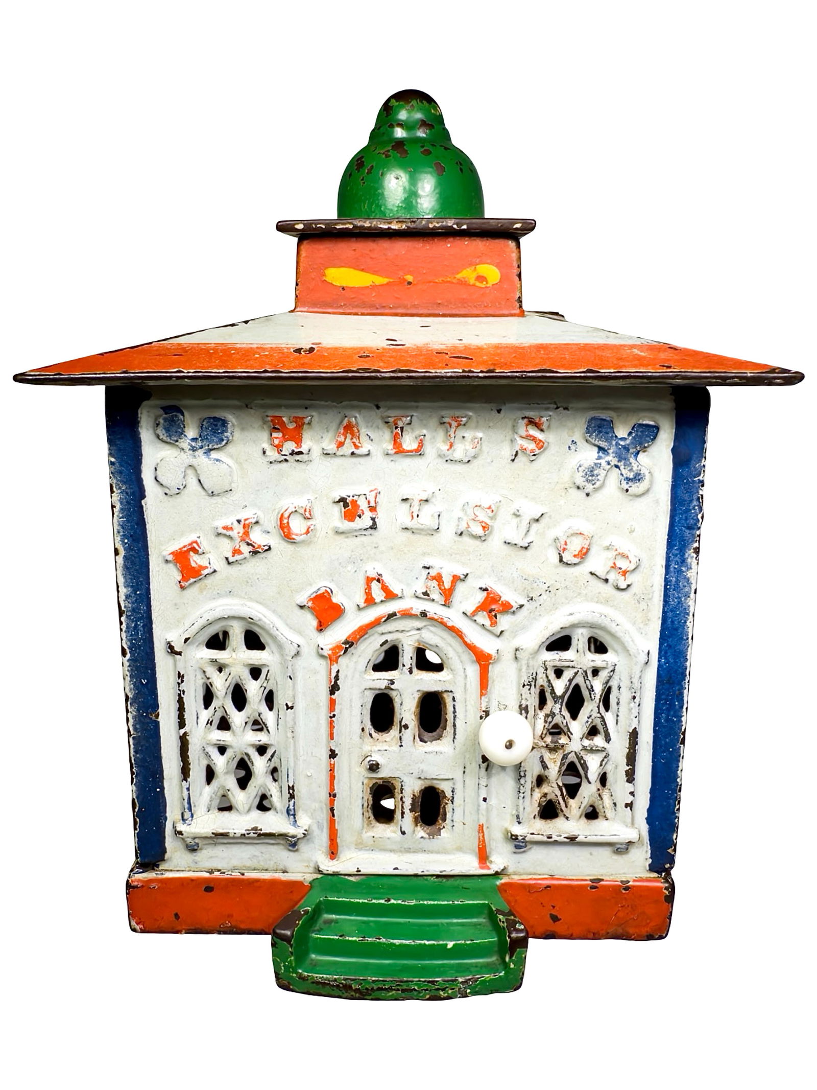 Halls Excelsior Cast Iron Mechanical Bank: J. & E. Stevens Company. Cromwell, CT. 1870's. 5" Tall x 4" Wide x 4" Deep.