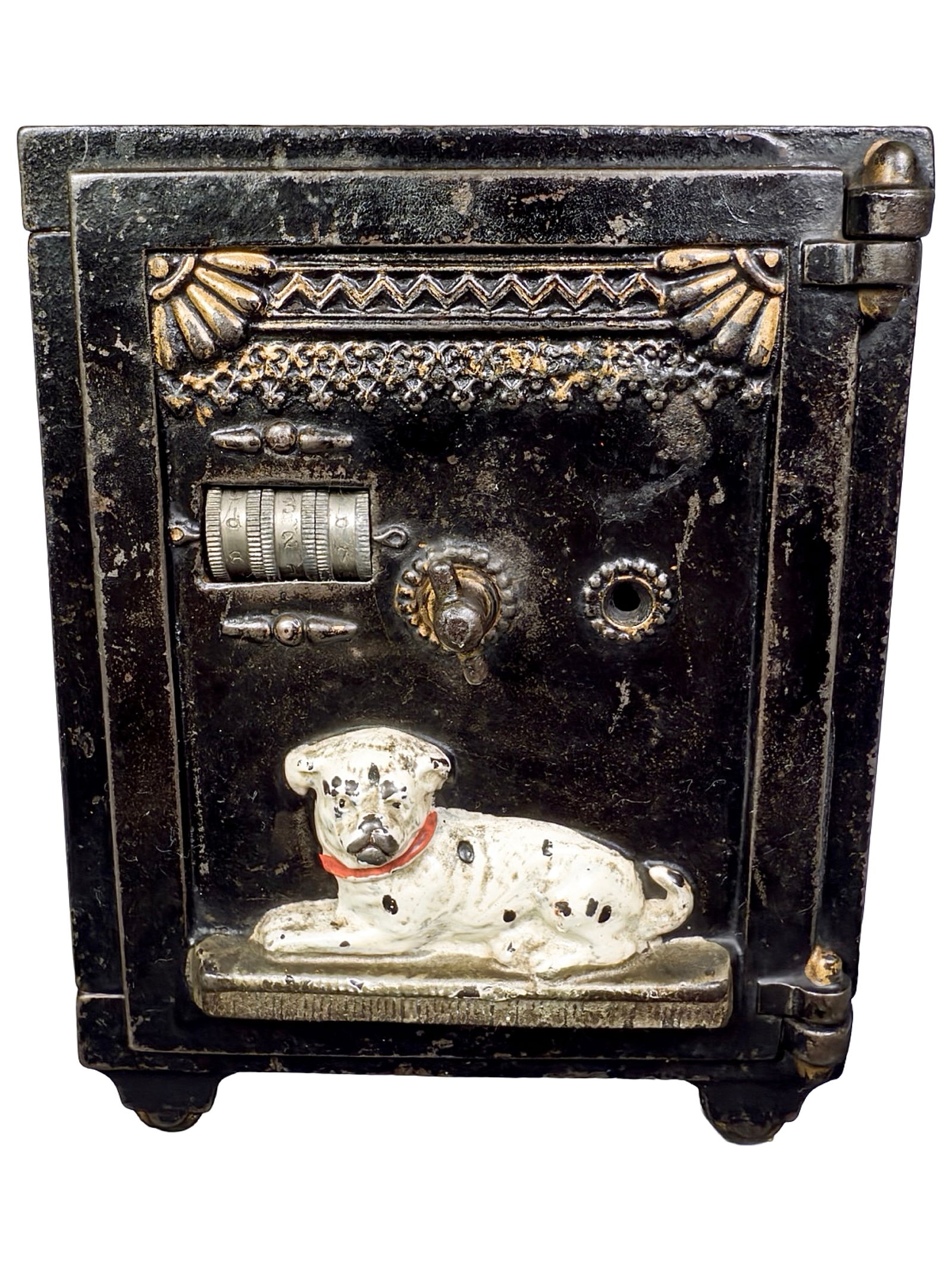Watchdog Safe Cast Iron Mechanical Bank: J. & E. Stevens Company. Cromwell, CT. 1890's. 6" Tall x 4 1/2" Wide x 4 1/2" Deep.