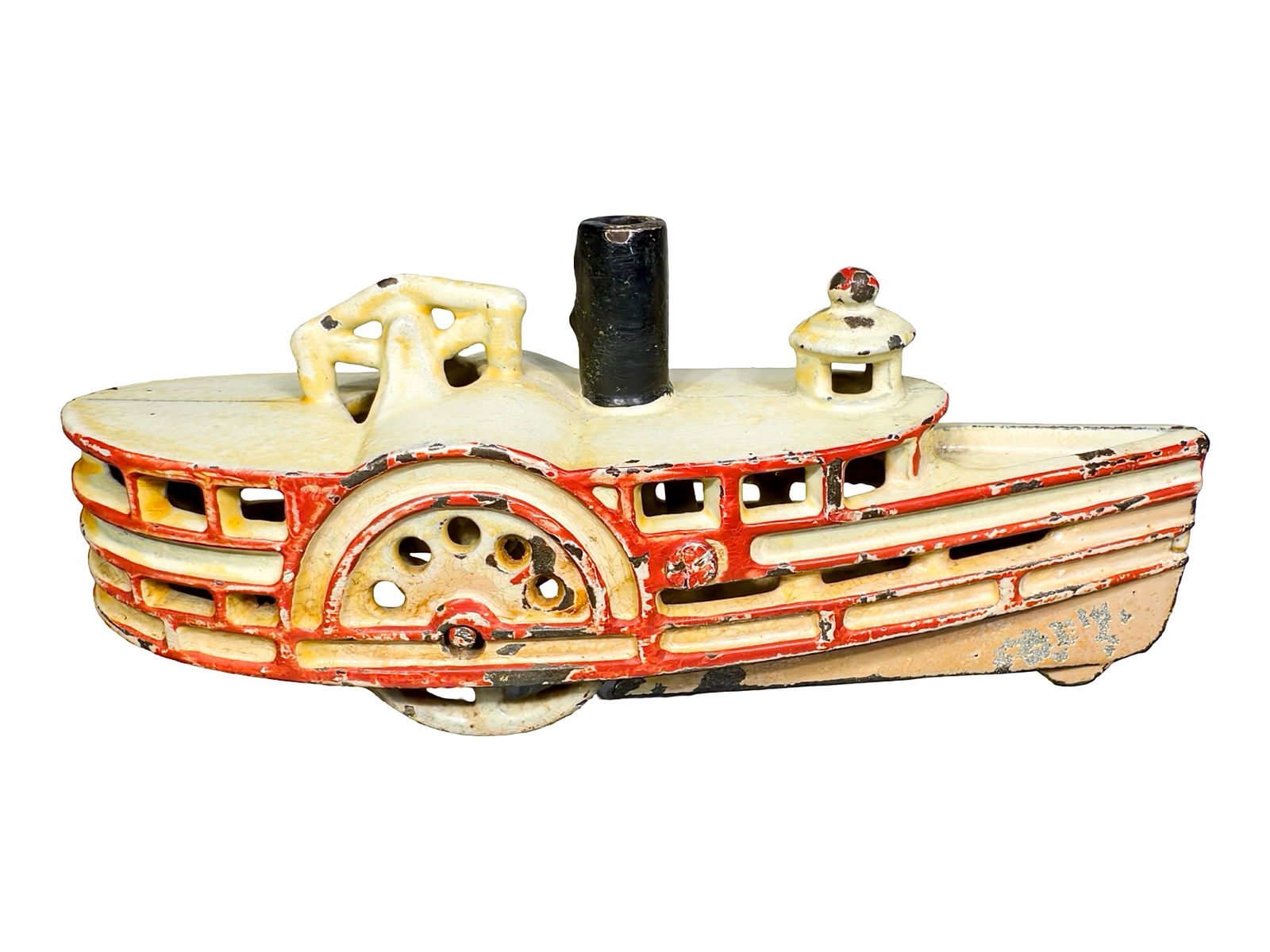 Cast Iron Paddlewheel Boat: Wilkins Hardware. Keene, NH. 1890's. 3" Tall x 5 1/2" Long x 1/2" Deep.