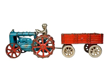Cast Iron Blue Tractor with Hay Wagon