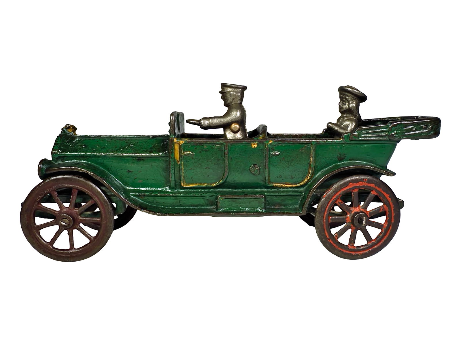 Early Cast Iron Four Seat Open Touring Car: Kenton Hardware Company. Kenton, OH. 1920's. 4" Tall x 10" Long x 3" Deep.