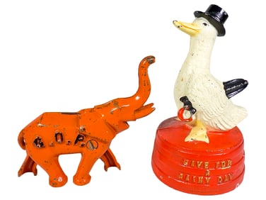 Two Cast Iron Animal Banks - G.O.P Elephant / Save for Rainy Day Duck