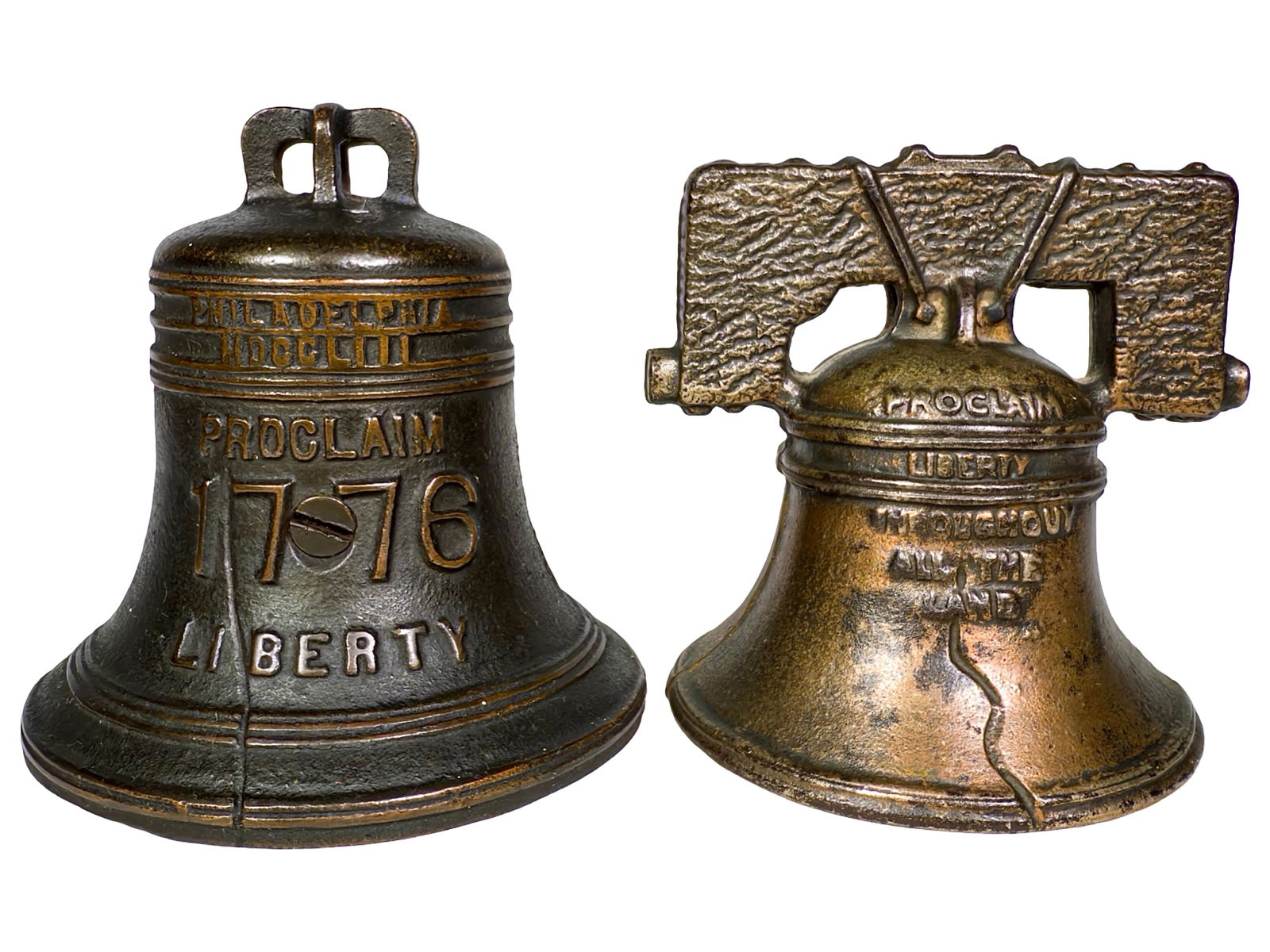 Two Liberty Bell Cast Iron Banks: Grey Iron Casting Company. Mount Joy, PA. 1920's. 3 1/2" Tall x 3 1/2" Wide x 3 1/2" Deep.