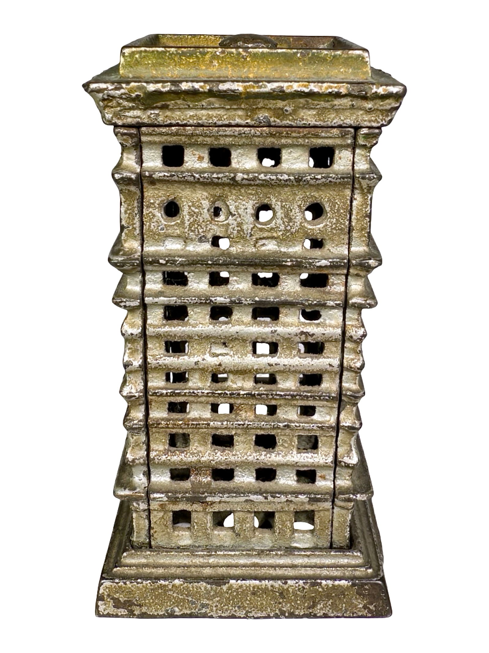 High Rise Cast Iron Bank - Smallest: Kenton Hardware Company. Kenton, OH. 1915. 3 1/2" Tall x 2" Wide x 2" Deep.