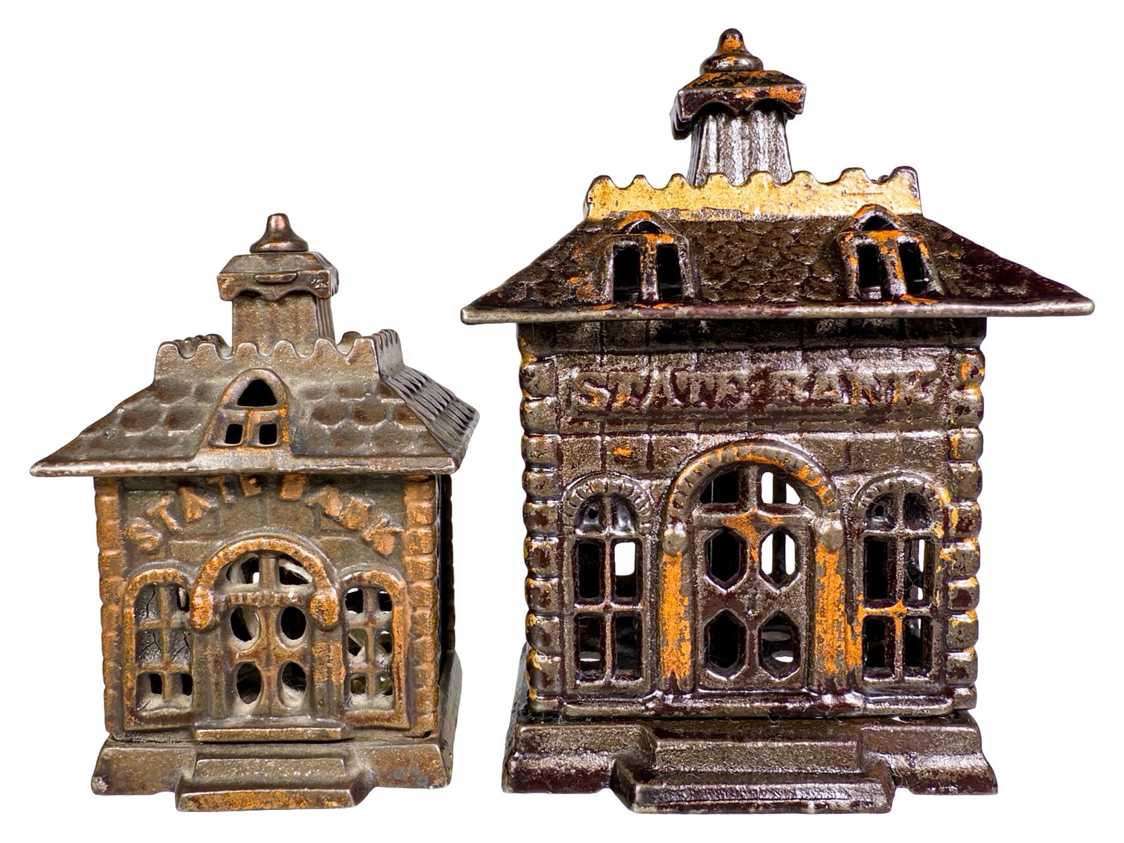 Two State Banks - Cast Iron: Kenton Hardware Company. Kenton, OH. 1899. 3" and 4 1/4" Tall Respectively.