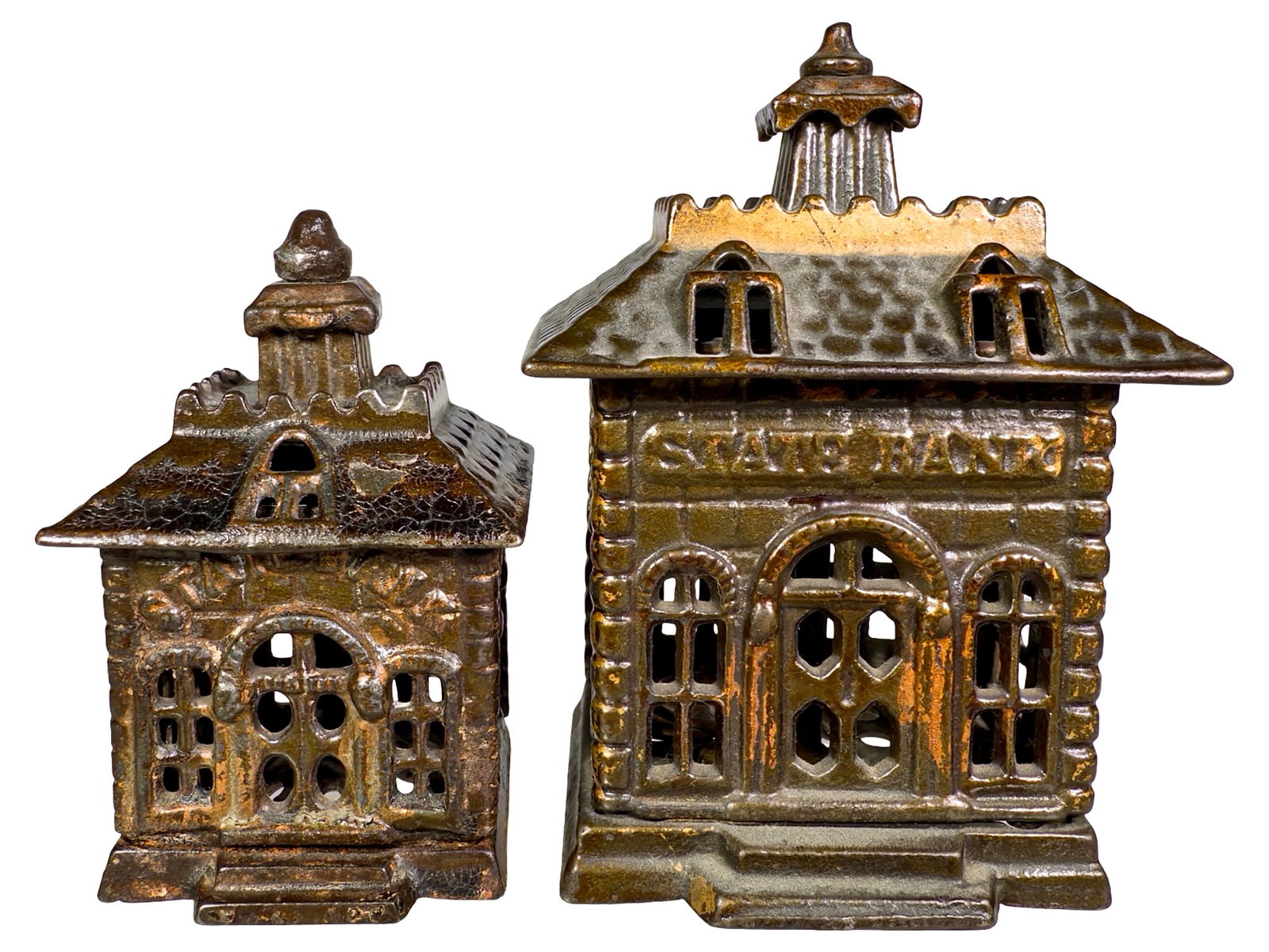 Two State Banks - Cast Iron: Kenton Hardware Company. Kenton, OH. 1899. 3" and 4 1/2" Tall Respectively.