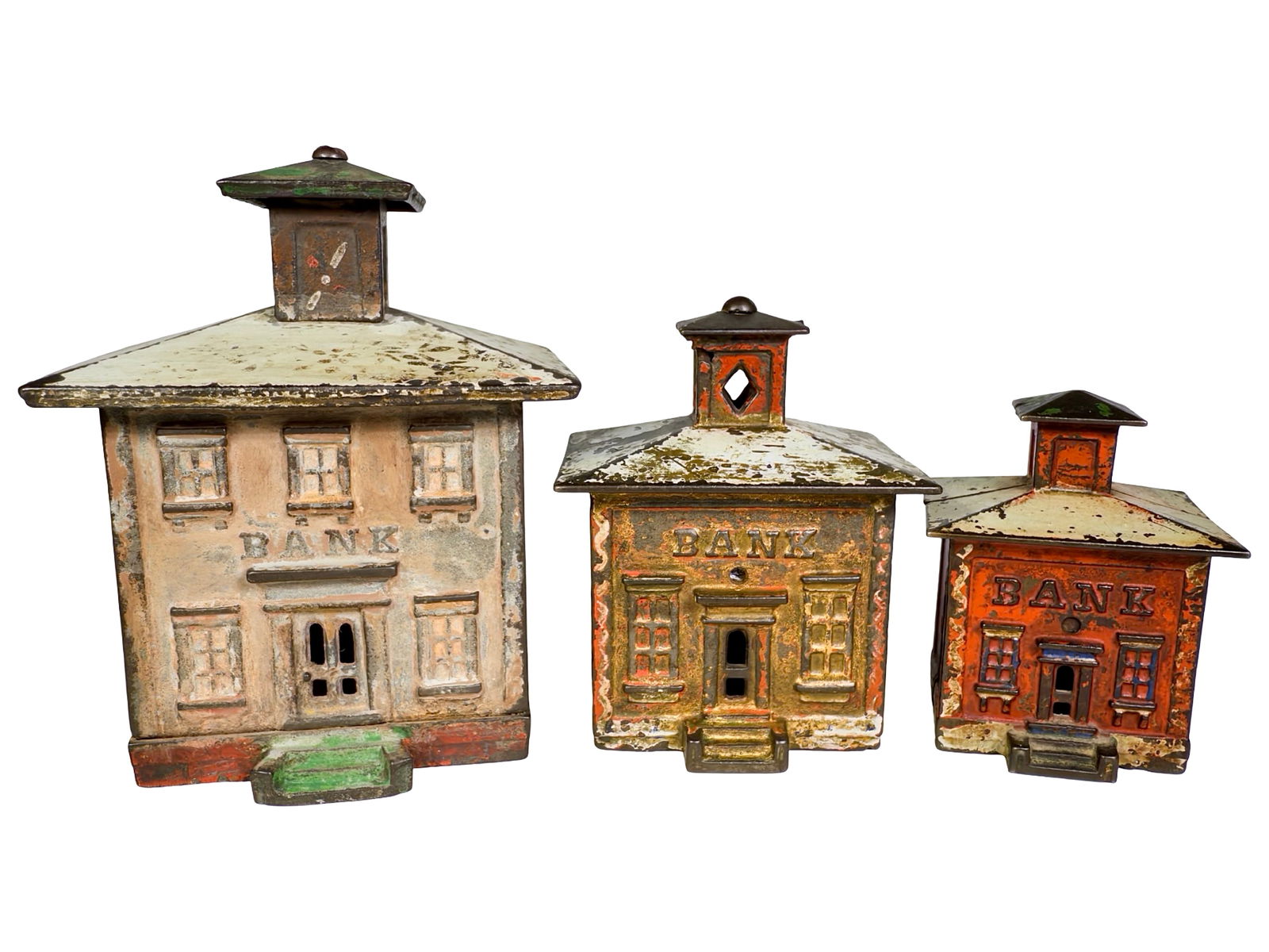 Three Cupola Cast Iron Banks - Graduated Sizes: J. &. E. Stevens Company. Connecticut 1870's. 3" to 5 1/2" Tall.