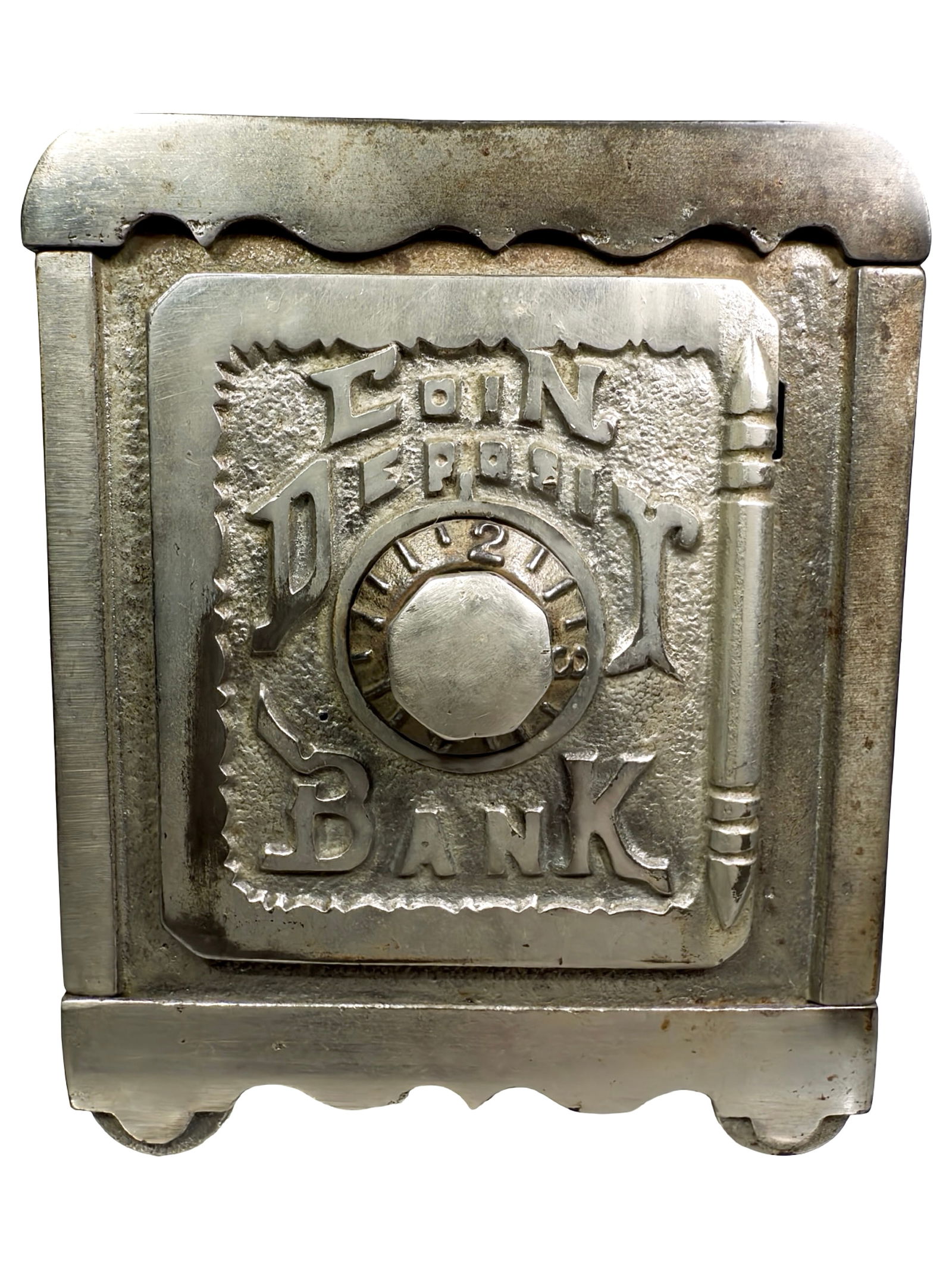 Coin Deposit Safe Bank - Made of Cast Iron and Tin: American 1920's. 5" Tall x 4" Wide x 3 1/2" Deep.