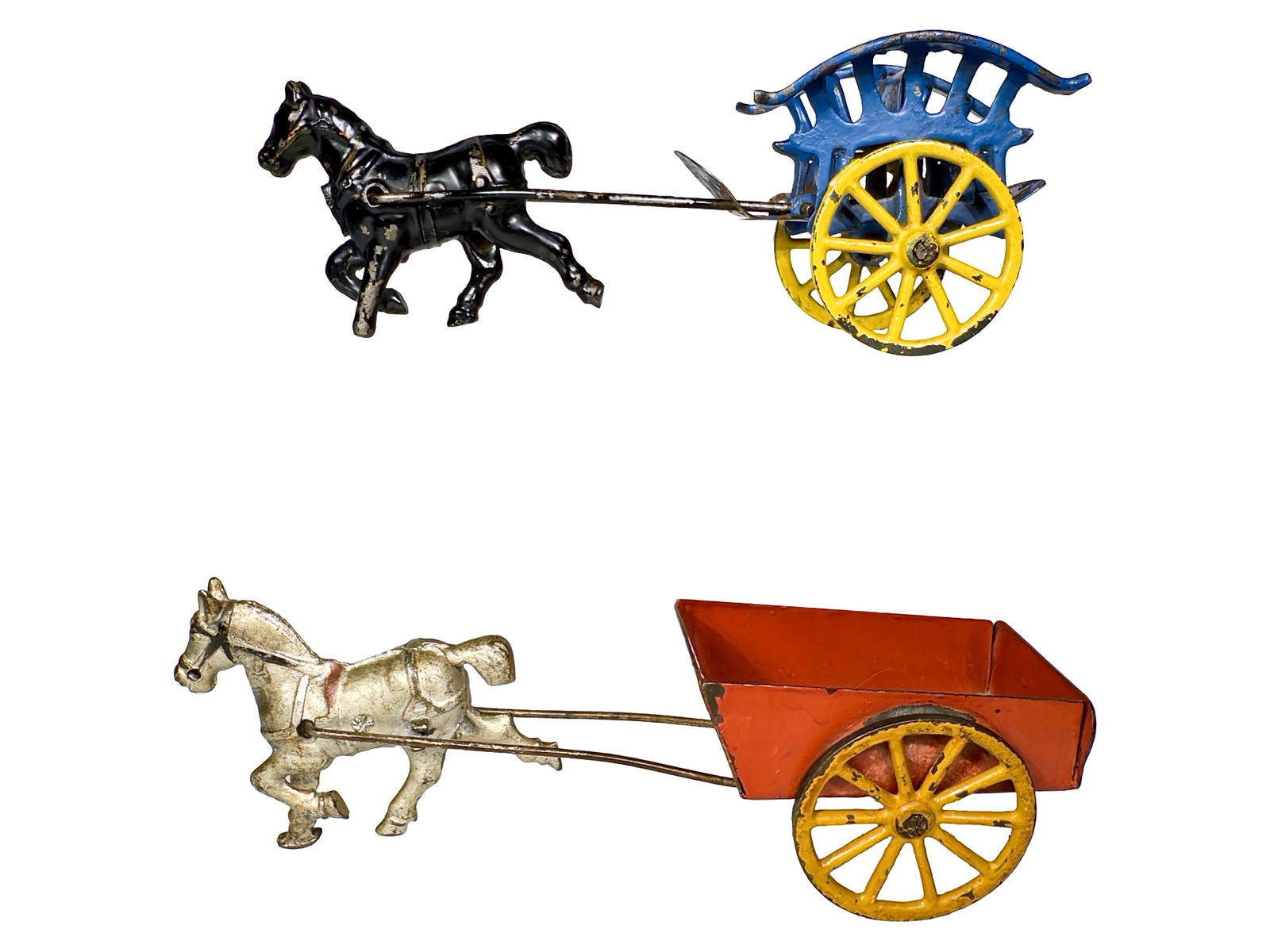 Small Tin / Cast Iron Horse Drawn Gig and Wagon: Harris Toys / Wilkins Hardware Companies. American 1900's - 7" and 8" Long Respectively. Olshefski Collection.
