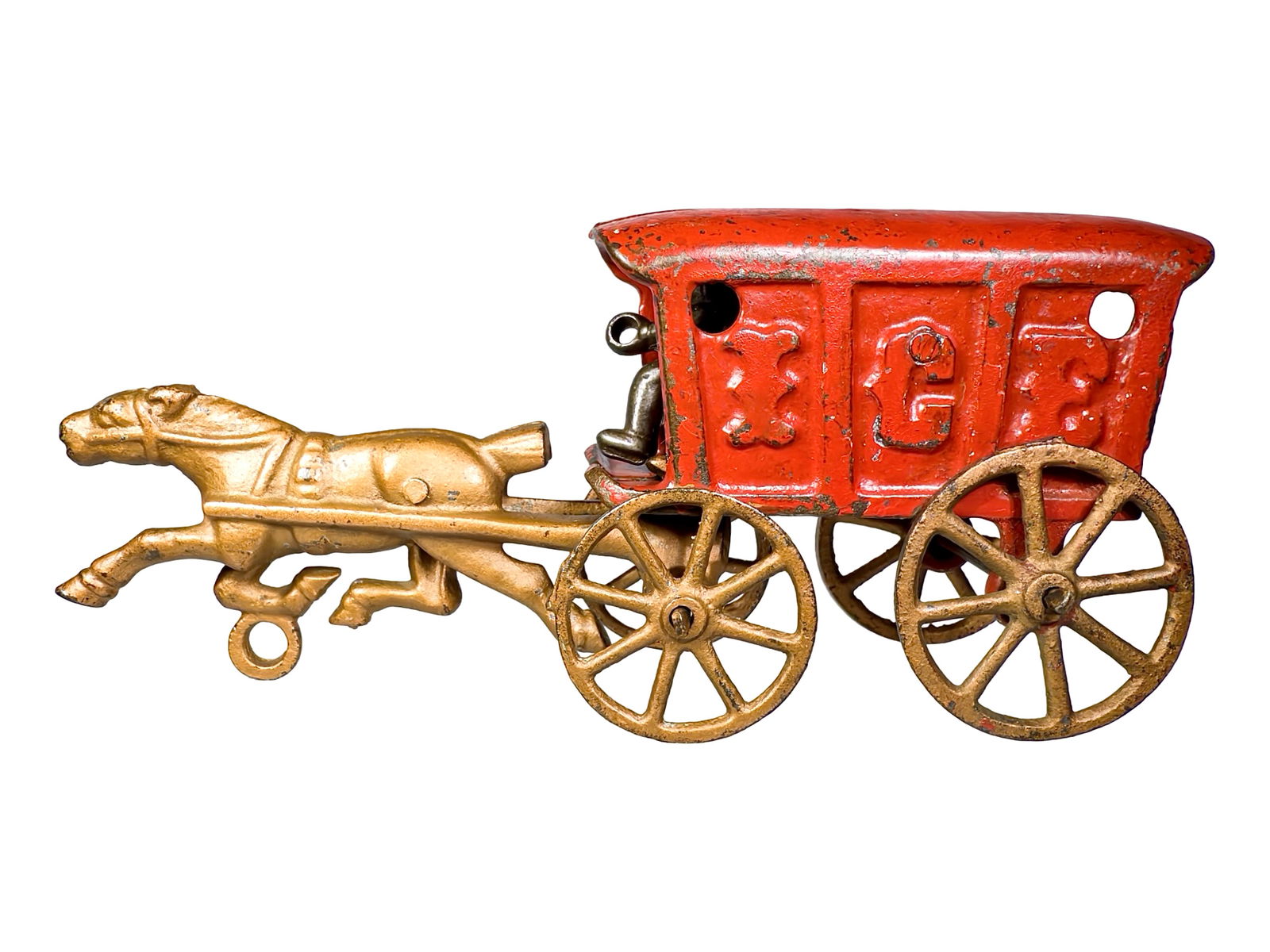Miniature Cast Iron Single Horse Ice Wagon: Hubley Mfg. Company. Lancaster, PA. 1910's - 8" L x 3 1/2" T x 2 1/2" W. Olshefski Collection.