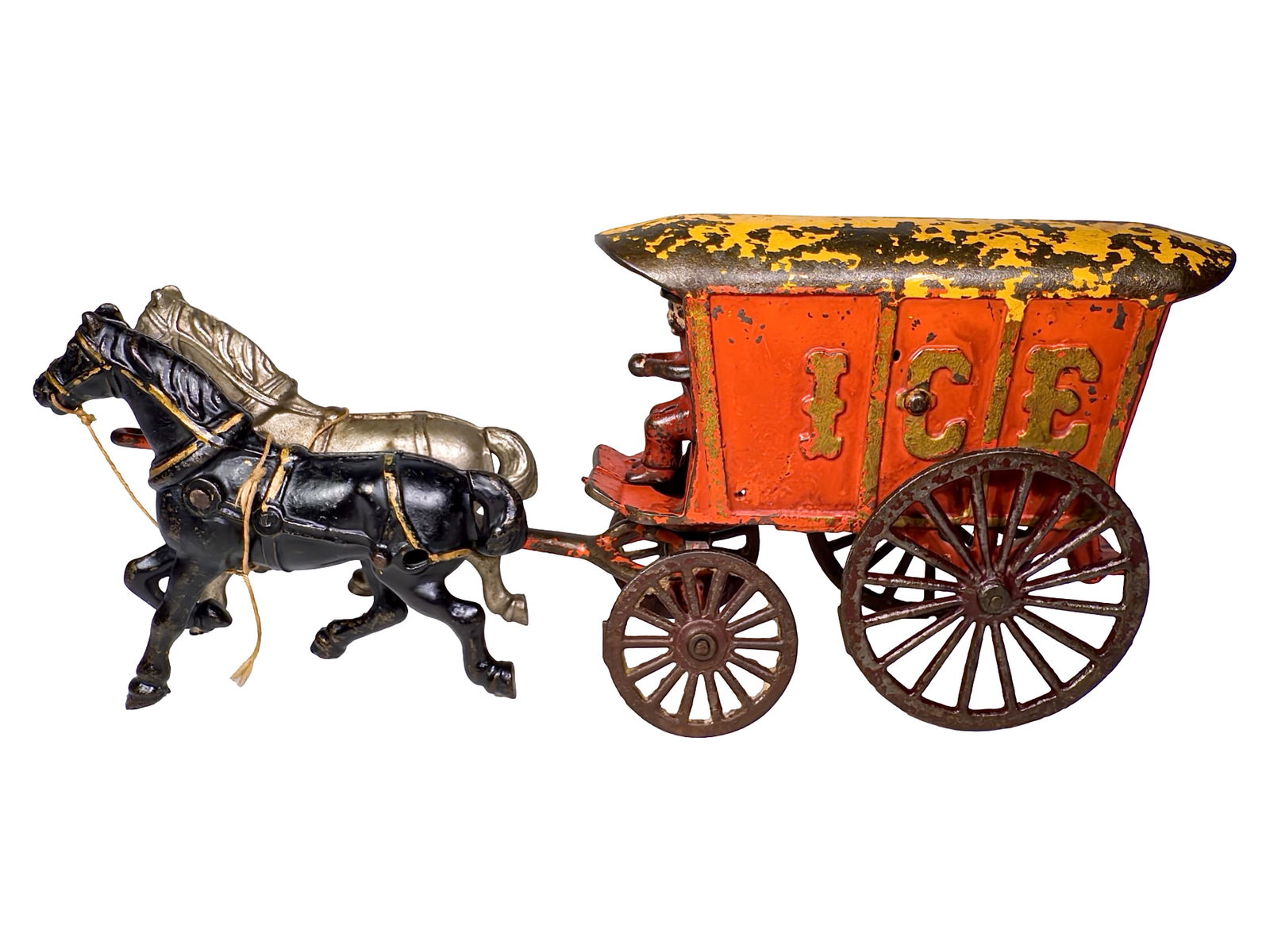 Two Horse Cast Iron Ice Wagon: Dent Hardware Co. - Fullerton, PA. 1910's - 13" L x 5" T x 3" D - Olshefski Collection