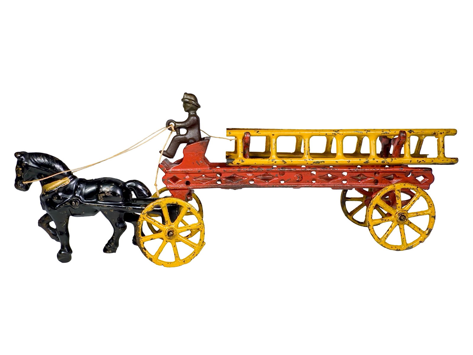 Single Horse Cast Iron Hook and Ladder Toy: Hubley Mfg. Co. - Lancaster, PA. 1910's - 12" L x 5" T x 2 1/2" D - Olshefski Collection