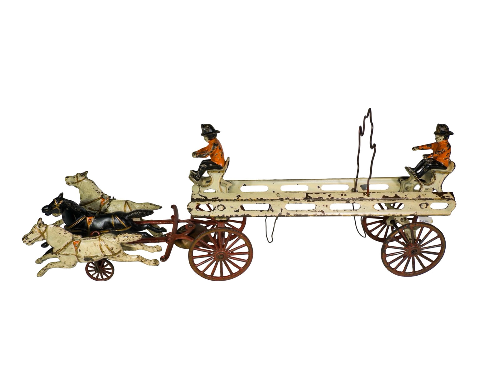 Three Horse Cast Iron and Tin Hook and Ladder: Wilkins Hardware - Keene, NH. 1905 - 21"L x 9"T x 4"D
