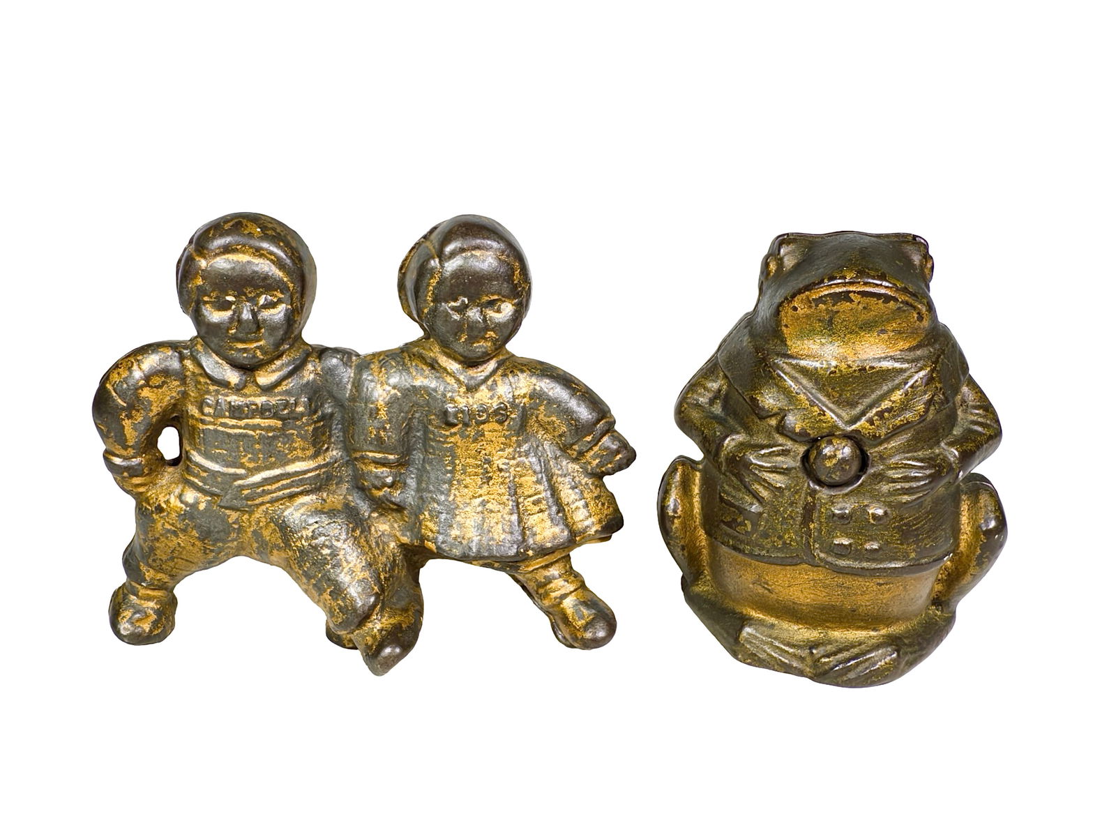 Professor Pug Frog / Campbells Kids Cast Iron Still Banks: American 1920's - Larger is 4 1/4"W x 3 1/2"T x 2"D