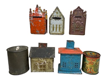 Seven Tin Building Cylinder Banks