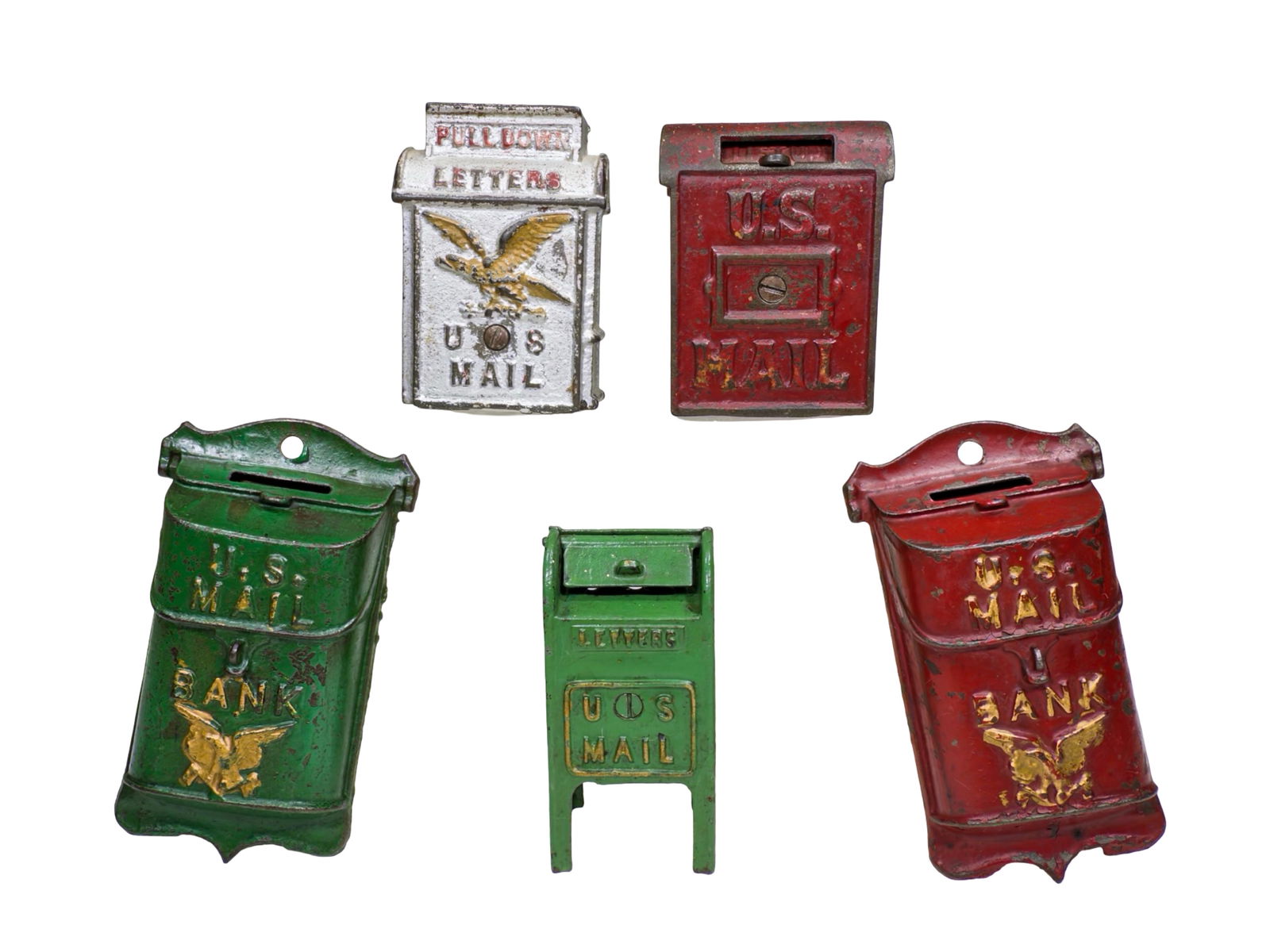 Five US Mail Cast Iron Banks: American 1920's - Largest is 5 1/4"T x 3 1/2"W x 1 1/2"D