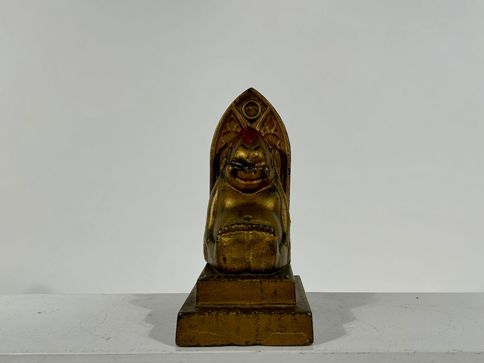 Billiken on Throne Cast Iron Still Bank: A.C. Williams Co. - Ravenna, OH. 1920 - 6 1/2"T x 3 1/4"W x 4"D