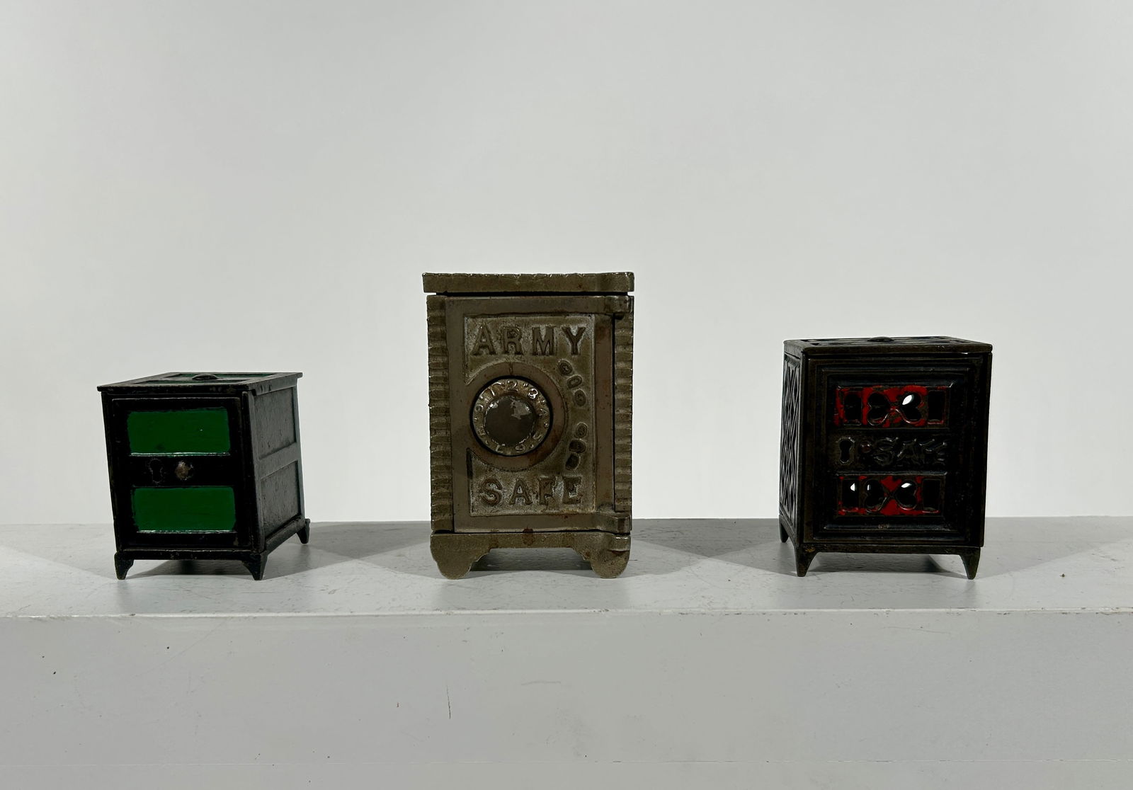 Three Cast Iron Safe Banks - Two with KLT: American 1880's/1910 - From 2 3/4" to 4 1/4"T