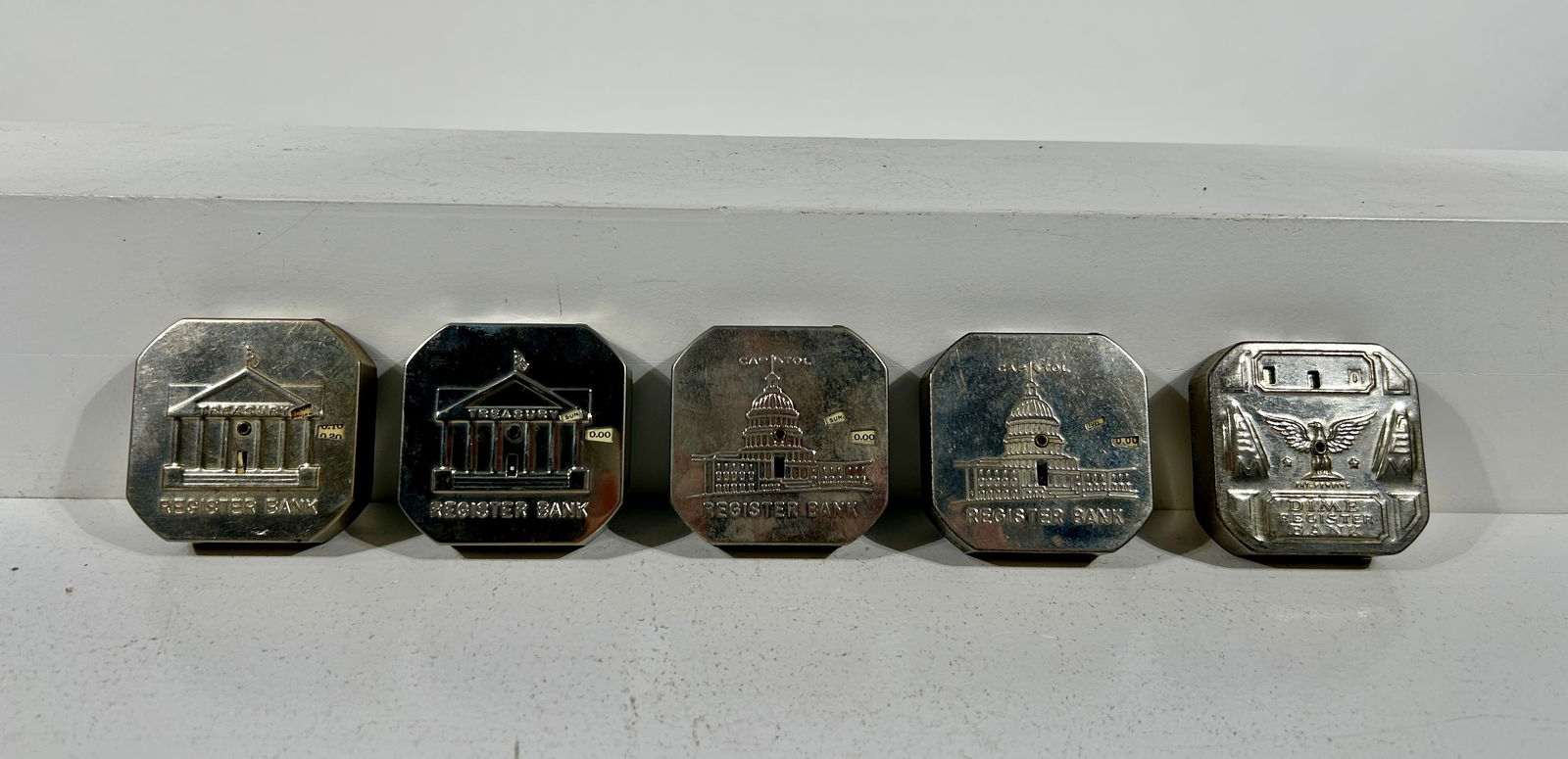 Five Silver Tin Pocket Dime Register Banks: American 1930 to 1950 - 2 1/2"Square