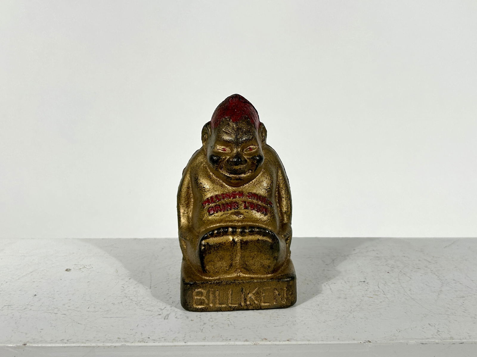 Billiken Bank with Advertising BIlliken Shokes Bring Luck: A.C. Williams Co. - Ravenna, OH. 1920 - 4"T x 2 1/4"Square