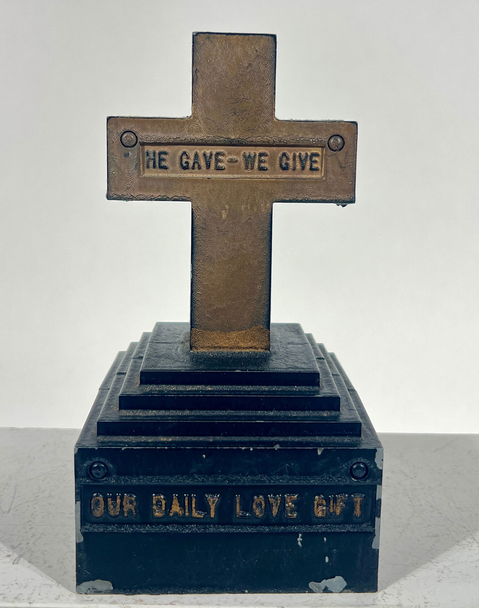 He Gave - We Give Cross Alloy Still Banks: American 1930's - 7 1/4"T x 4"Wide