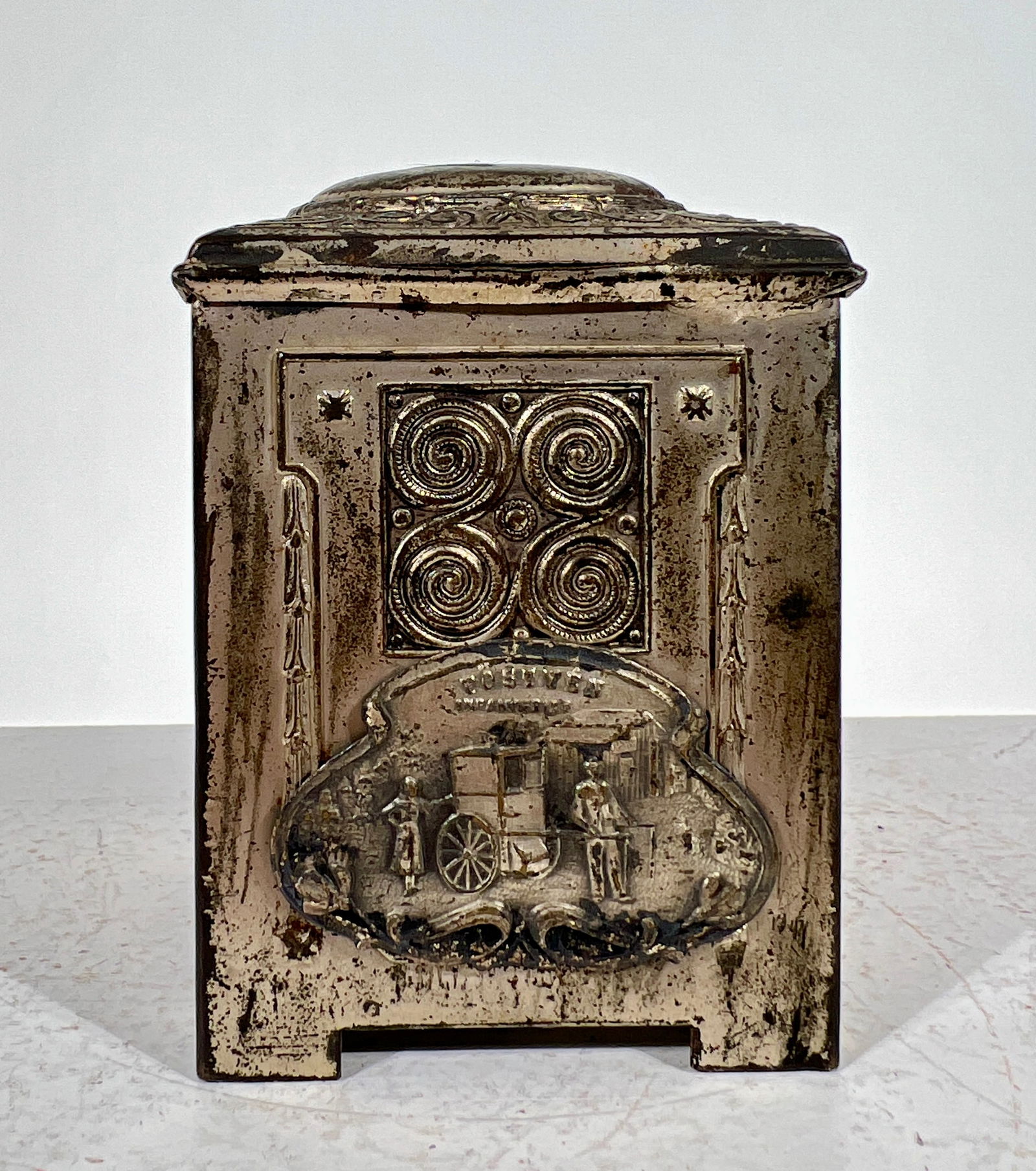 Silvered Tin Bank with Placard - Fosten Infanterist: German 1920 - 3"T x 2 1/4"Square