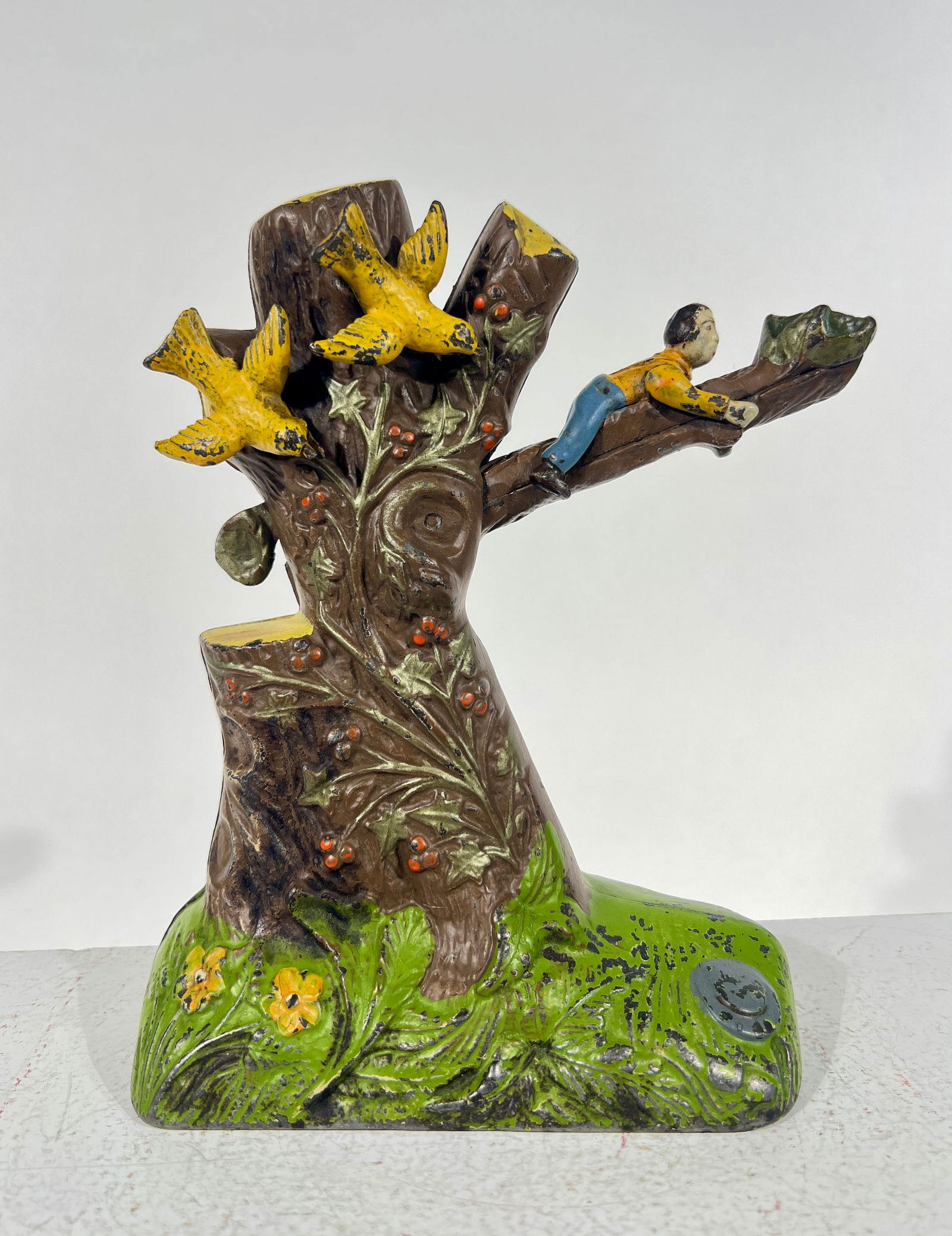 Boy Robbing Birds Nest Cast Iron Mechanical Bank: J & E Stevens Co. - Cromwell, CT. 1895 - 6 1/4"L x 8"T x 3 1/4"D