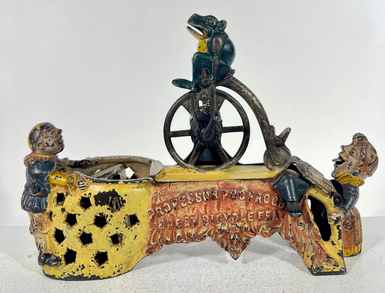 Professor Pug Frog Mechanical Bank - Red Blanket Version: J & E Stevens Co. - Cromwell, CT. 1890's - 10"L x 8"T x 3 1/4"D