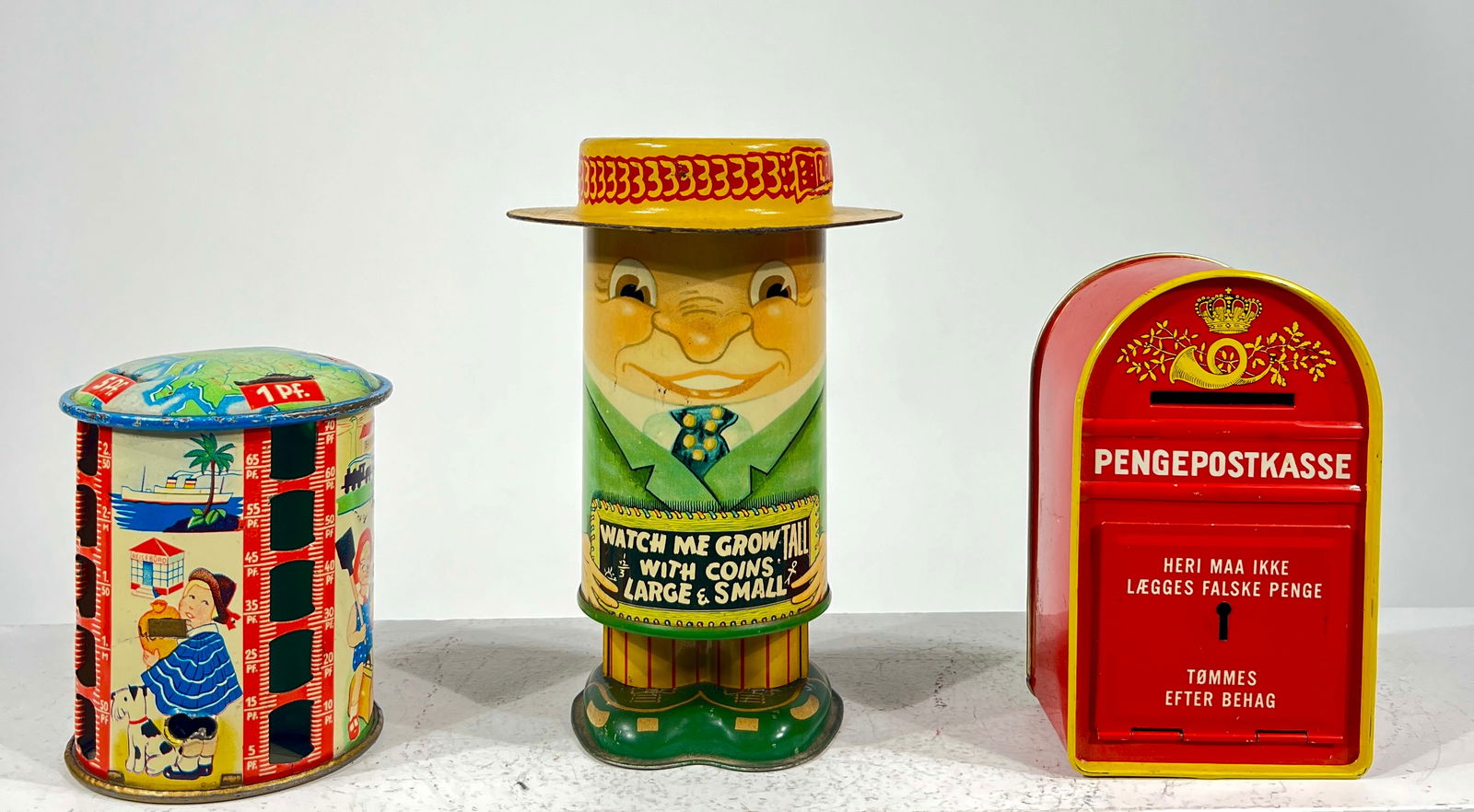 Three European Tin Banks - Watch Me Grow, Cylinder and Post Box (1 of 3)