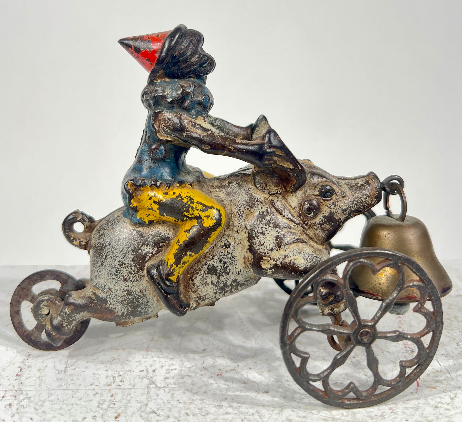 Boy Riding a Pig Cast Iron Bell Toy: Gong Bell Mfg. Co. - CT. 1890's - 5 1/2"L x 4 1/2"T x 2 1/2"D