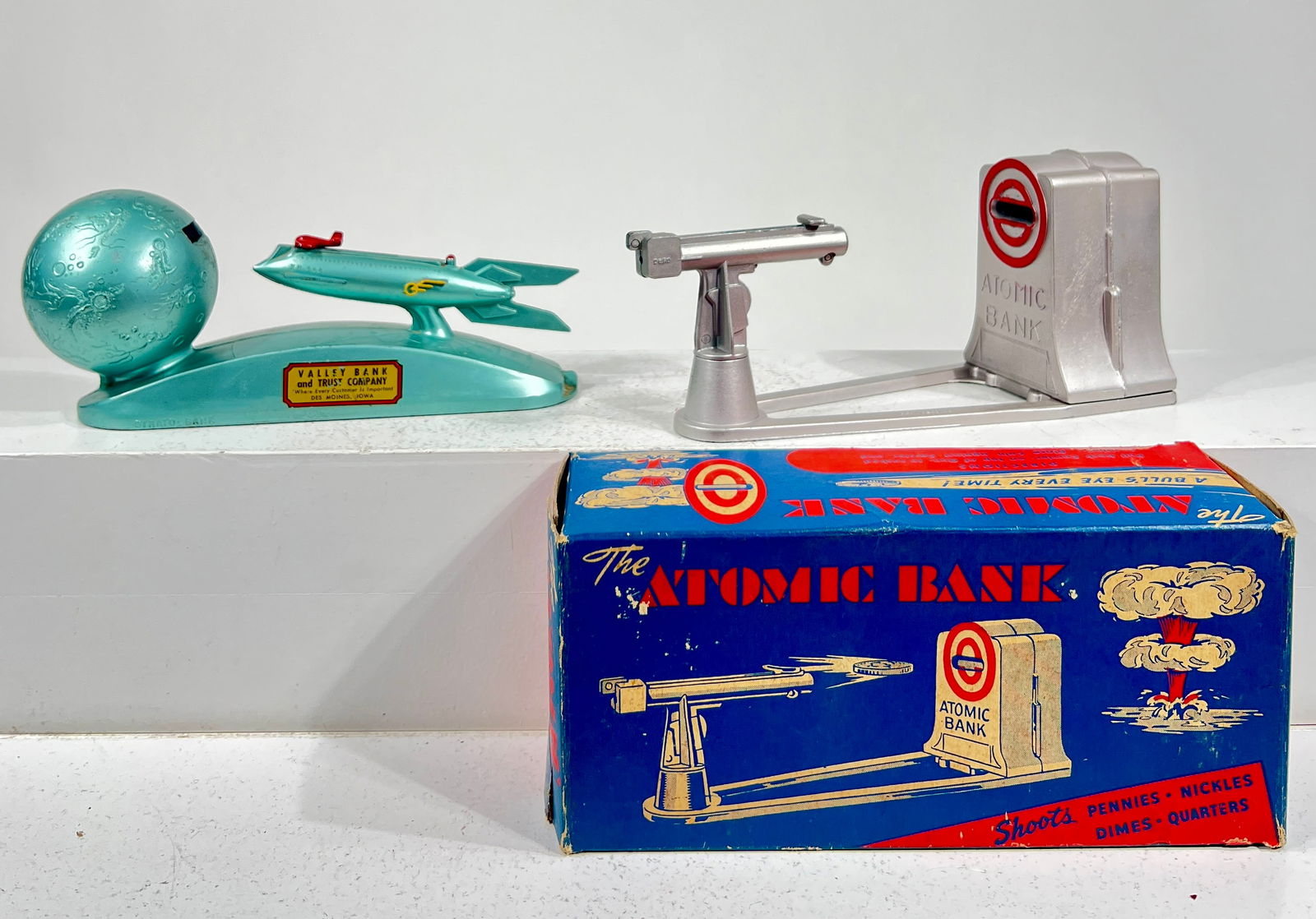 Automatic Bank with Box / Strato Bank: American 1950's - 7 1/4"L x 3 1/2"T x 2 1/2"D