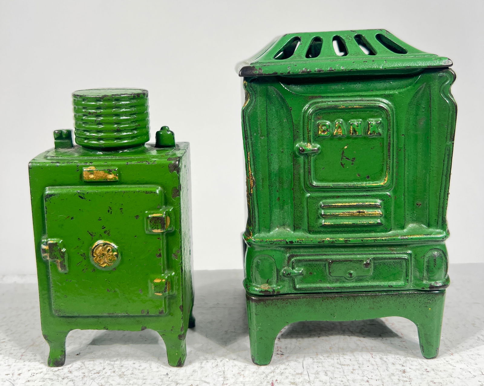 New Heatrola and Refrigerator Cast Iron Banks: Kenton Hardware/Arcade Mfg. - American 1920's - Heatrola is 4 1/2"T x 2 3/4"W x 2 1/2"D