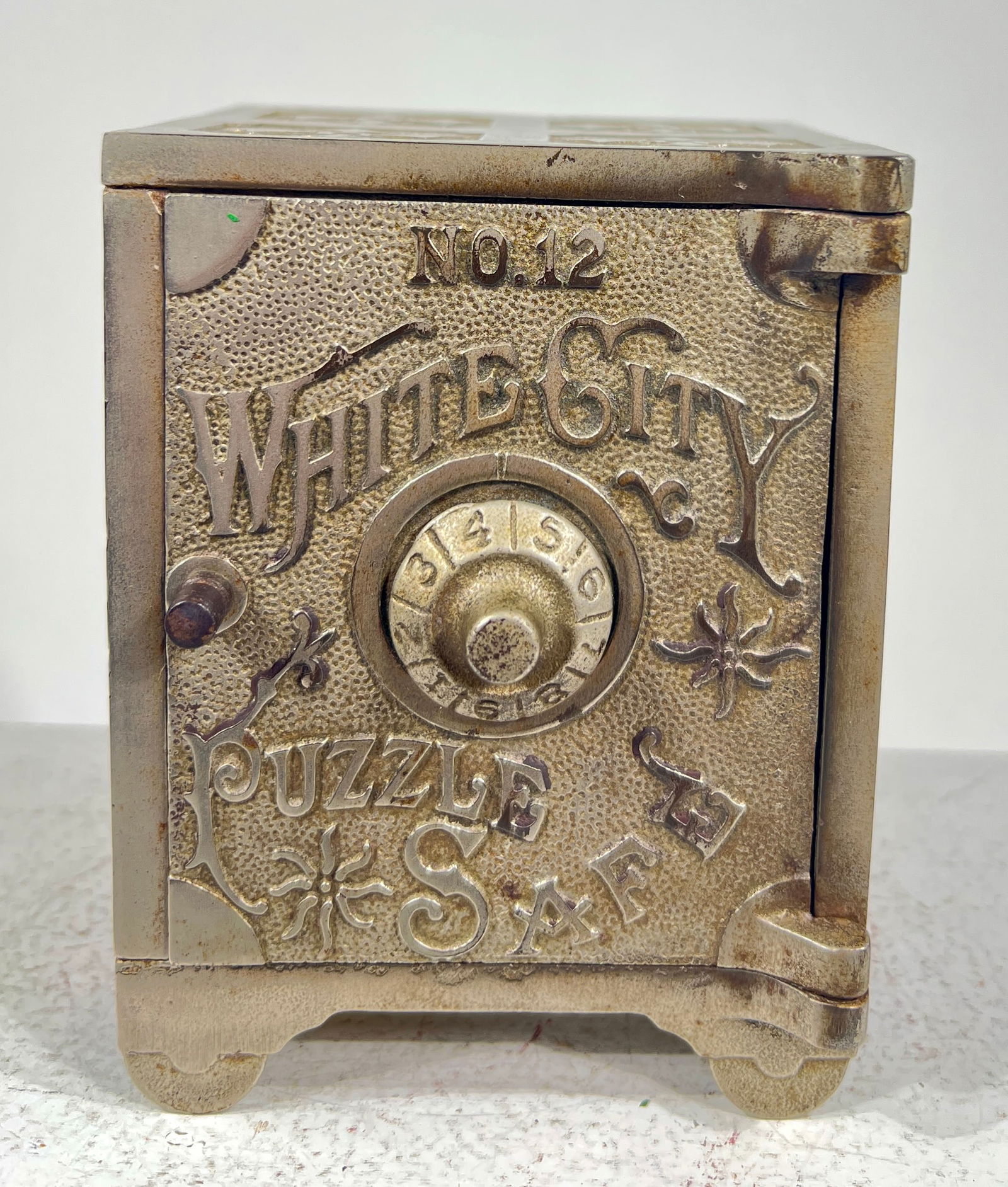 White City Puzzle Safe #12 Cast Iron: Nicol Company - Illinois 1895 - 4 3/4" T x 3 1/2" W x 3 1/2" D