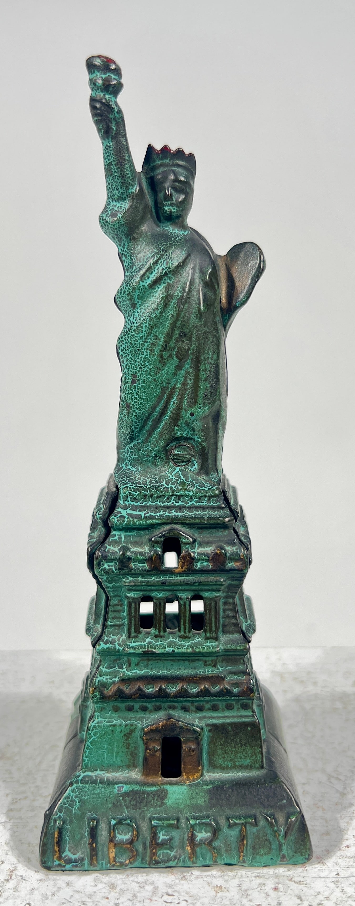Statue of Liberty Bank - Mid Size - Scarce Blue Paint: Kenton Hardware - Kenton, OH. 1915 - 6 1/4"T x 2 1/4"Square