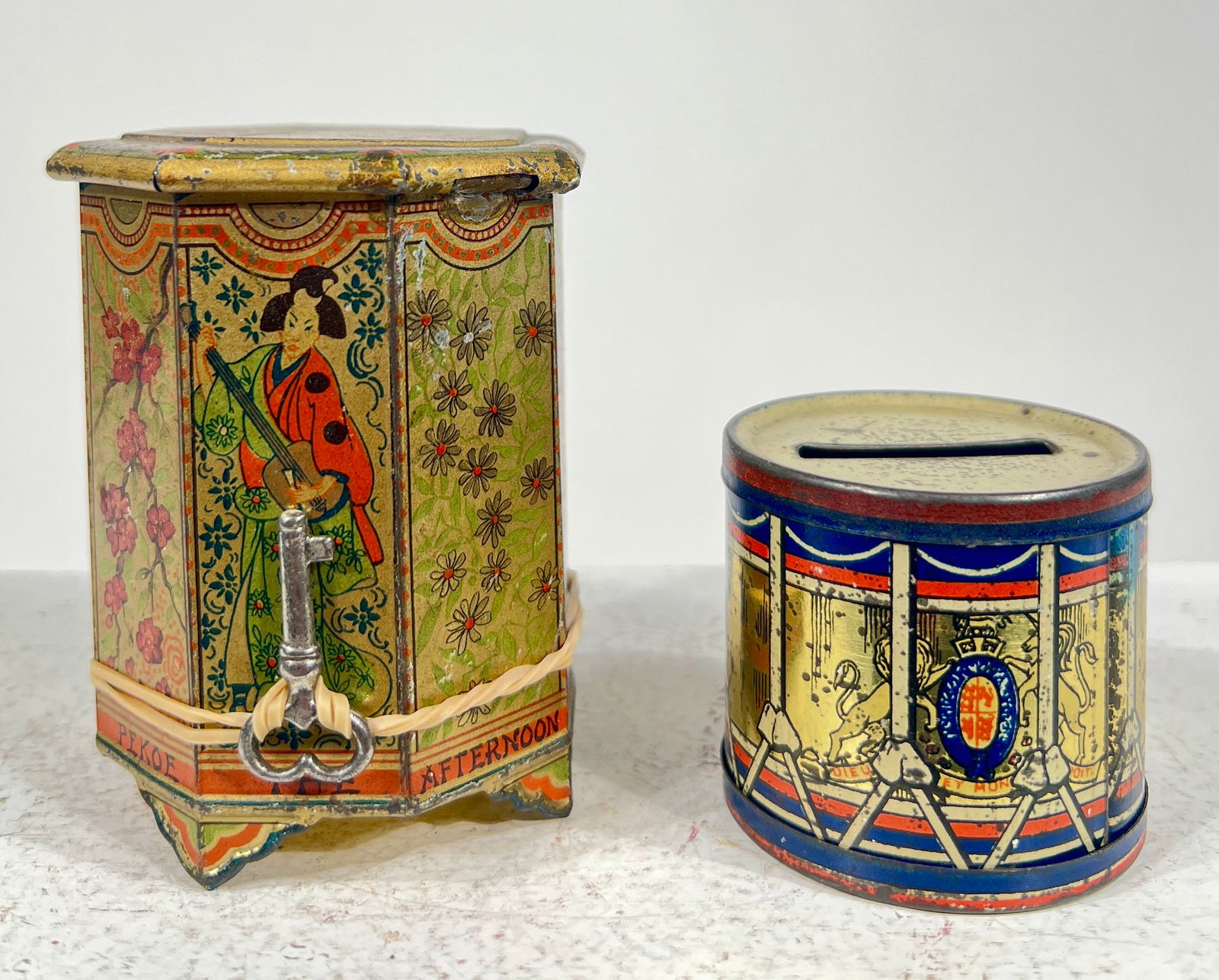 Two European Tin Banks - Octagon / Form and Drum with Keylock Traps (1 of 2)