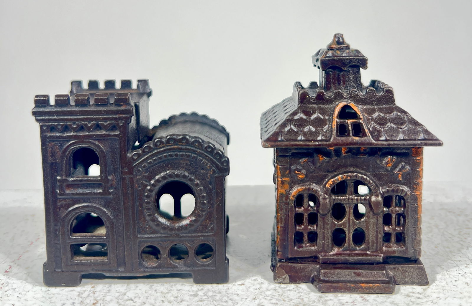 Two Cast Iron Building Banks - Rose Window / Smallest State Bank: English/American 1900 - 3 1/4"T x 2"W x 1 3/4"D