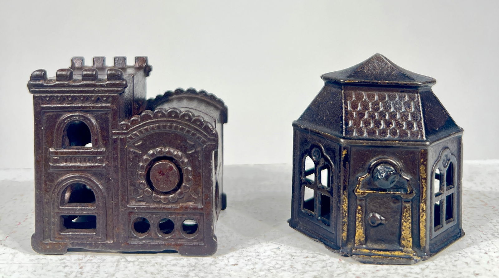 Two Cast Iron Building Banks - Hexagon Building/Rose Window: American/English 1900 - Hexagon Building is 2"T x 2 1/4"W x 1 1/2"D