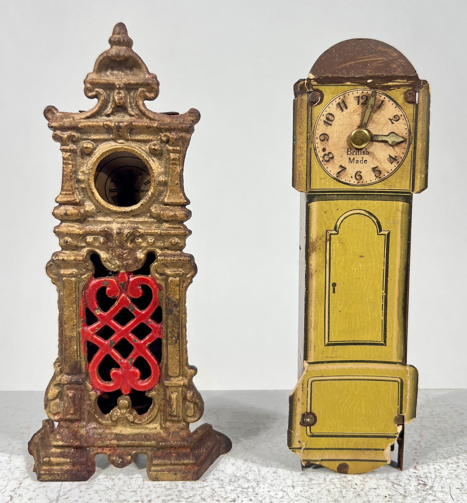 Two Grandfathers Clock Banks Cast Iron and Tin / Cardboard (1 of 2)