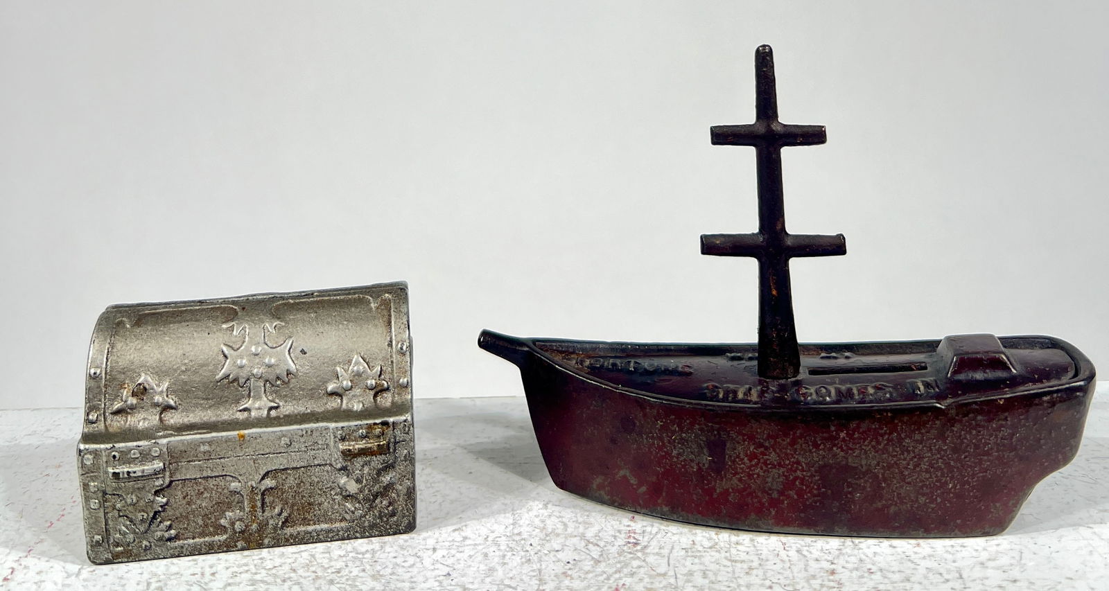 Fortune Ship / Treasure Chest Cast Iron Banks: English / American 1910 - Fortune Ship is 5 1/4"W x 4"T x 1 1/2"D