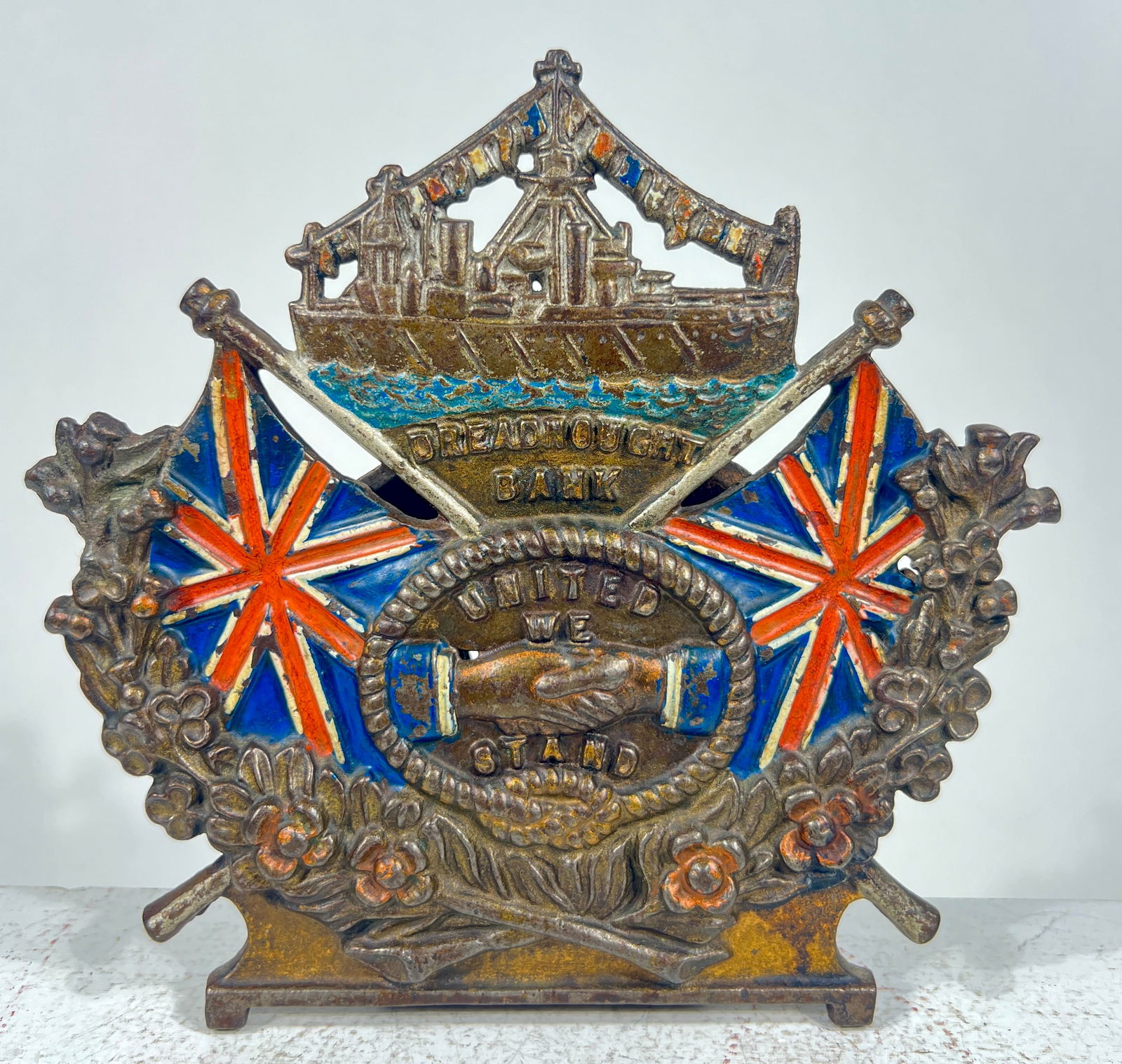 The Dreadnaught Cast Iron Bank: English - Circa 1911 - 7 1/2"W x 7"T x 1 1/2"D