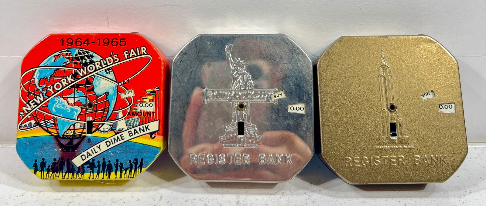 Three Tin Register Banks - Empire State Building, St. Liberty, and 1964 Worlds Fair (1 of 2)